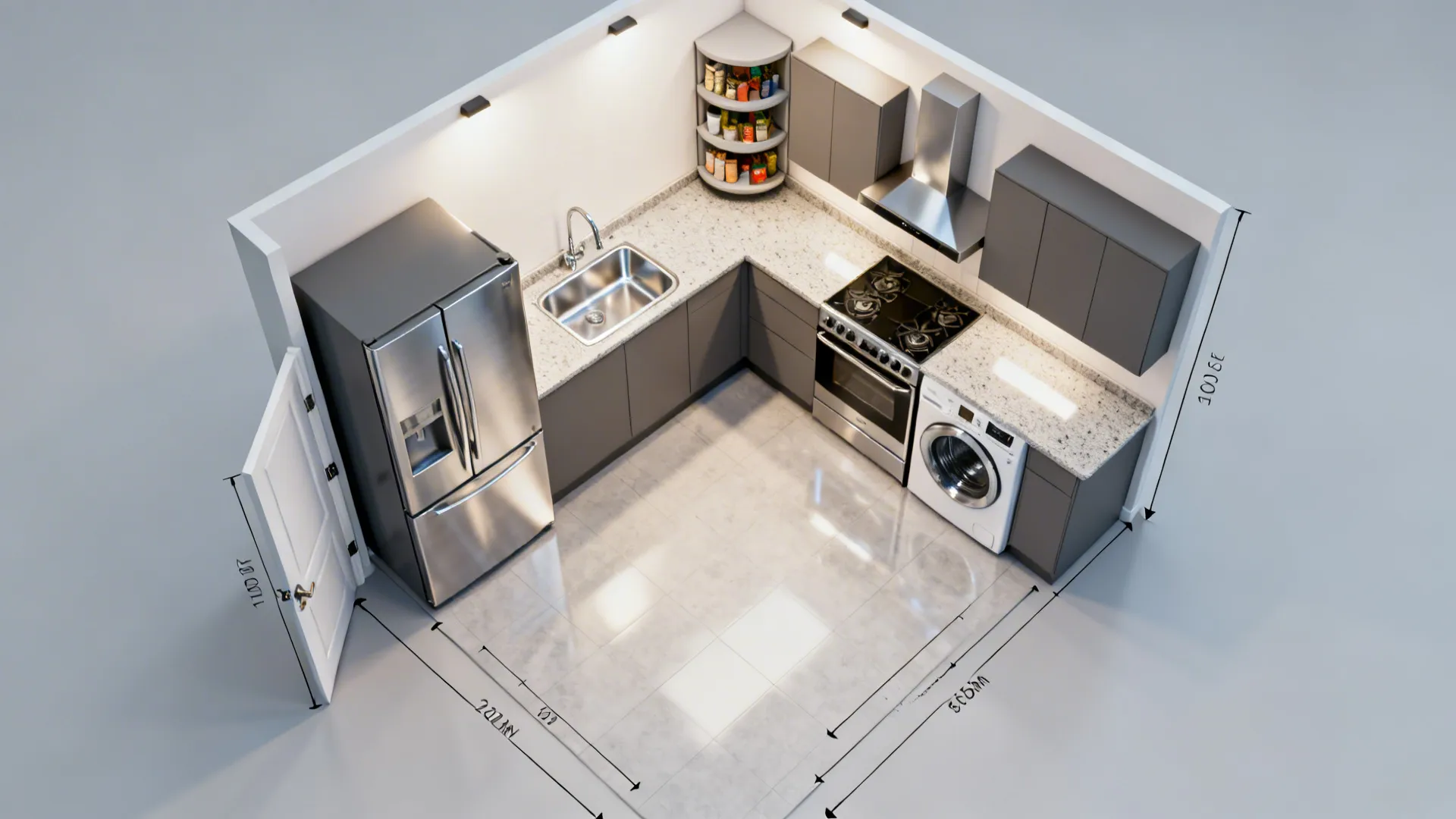 Top-down L-shaped kitchen plan showing the work triangle, washer position, and clearance zones.