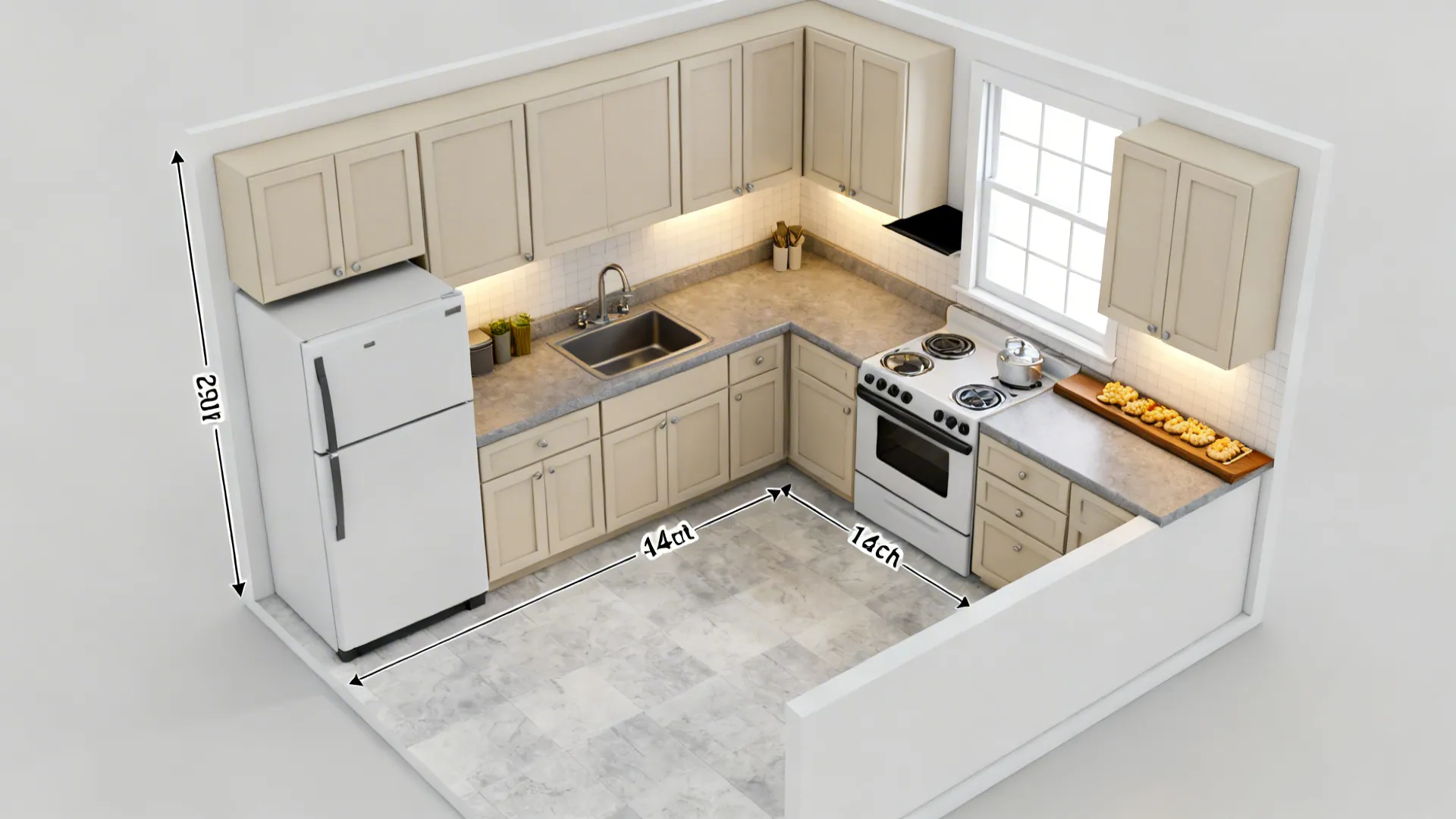 Top-down L-shaped kitchen plan showing work zones and a slim snack ledge.