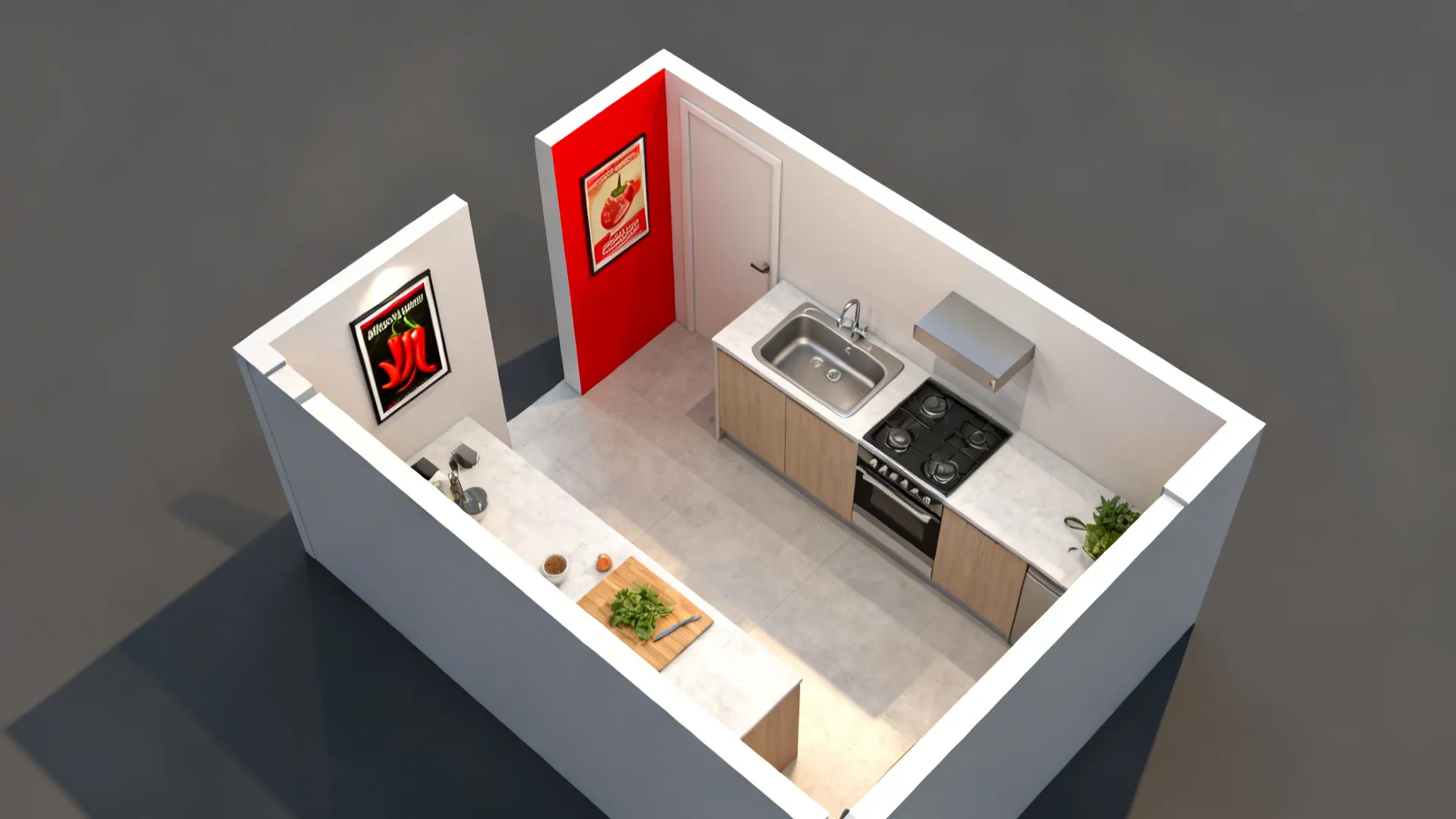 Top-down view of an L-shaped kitchen plan highlighting a narrow wall for chili art.