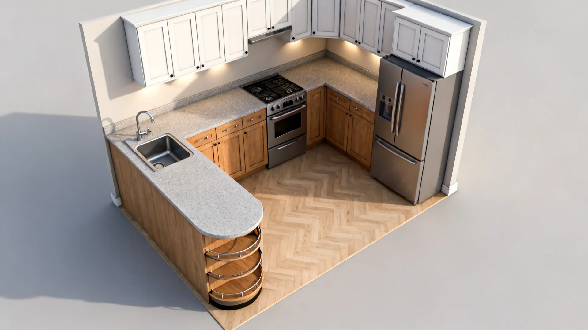Top-down L-shaped compact kitchen plan with sink on the short leg and a 1.6 m uninterrupted prep zone.