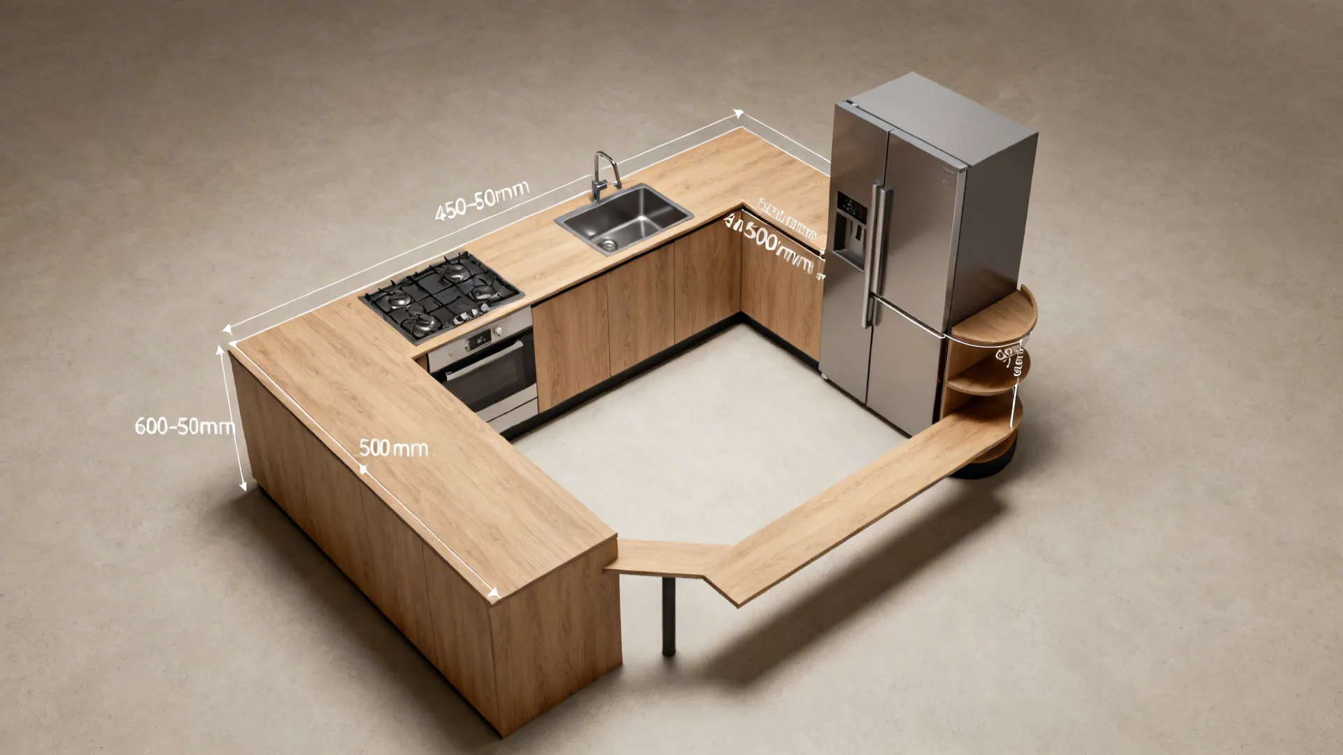 Top-down view of an L-shaped compact kitchen with clear work triangle and extended prep run.