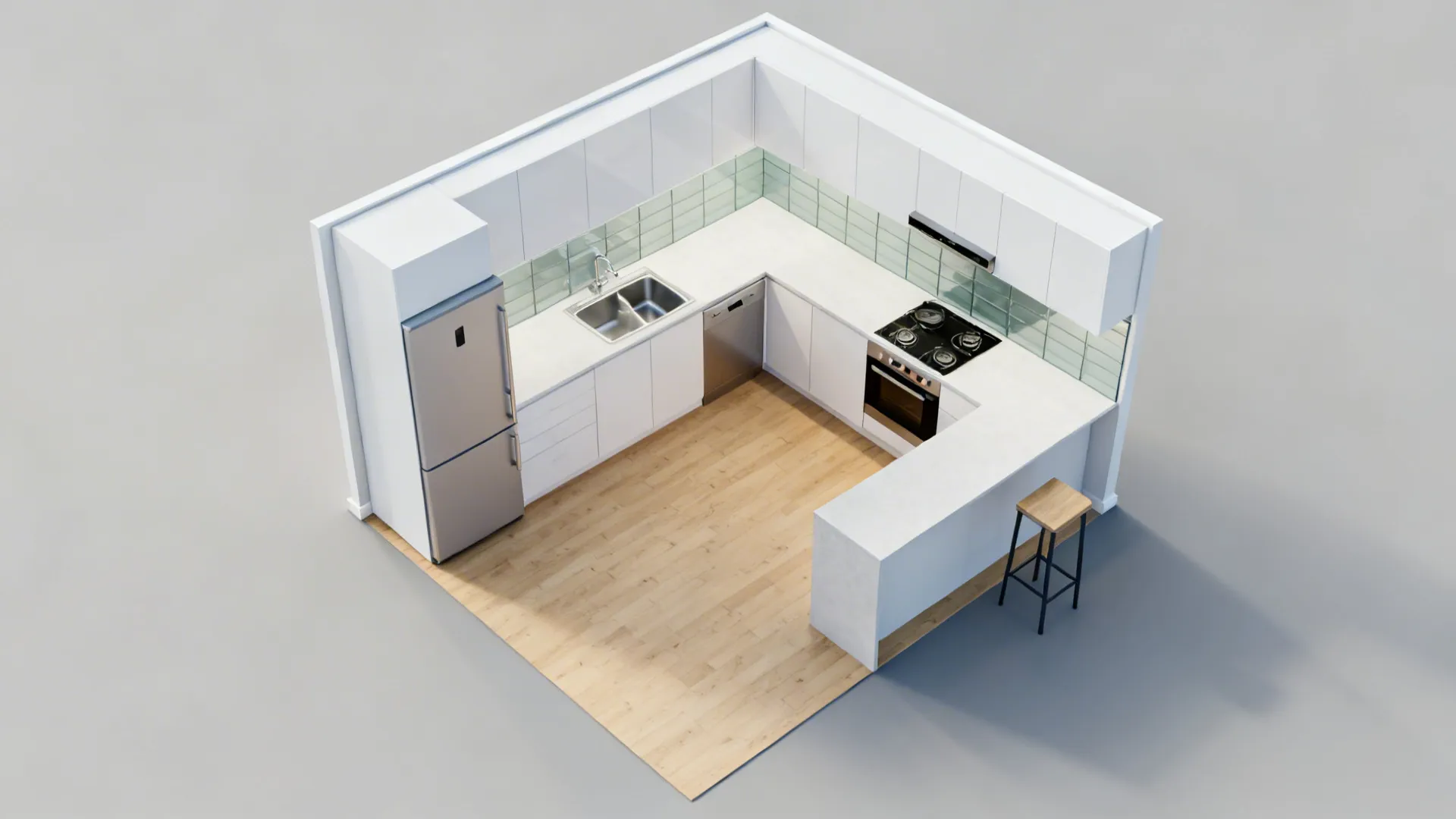 L-Shaped Compact Layout (Opens the Countertop)