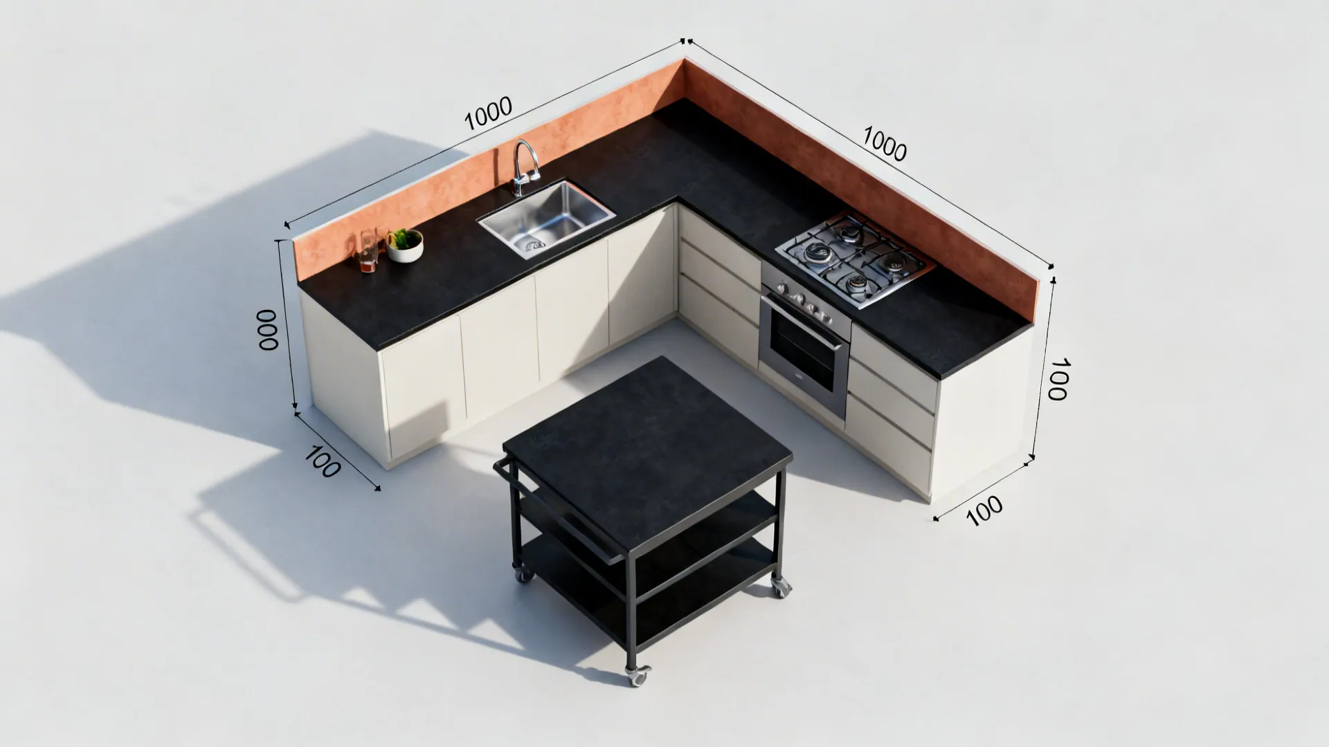 Top-down L-shaped kitchen plan with movable island cart and comfortable clearances.