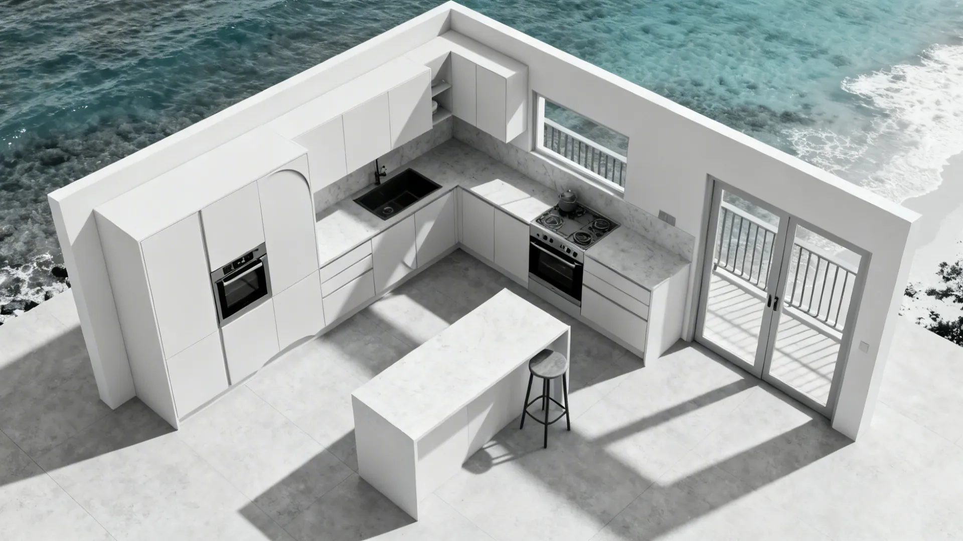 Top-down plan of a compact L-shaped kitchen showing work triangle and clearances.