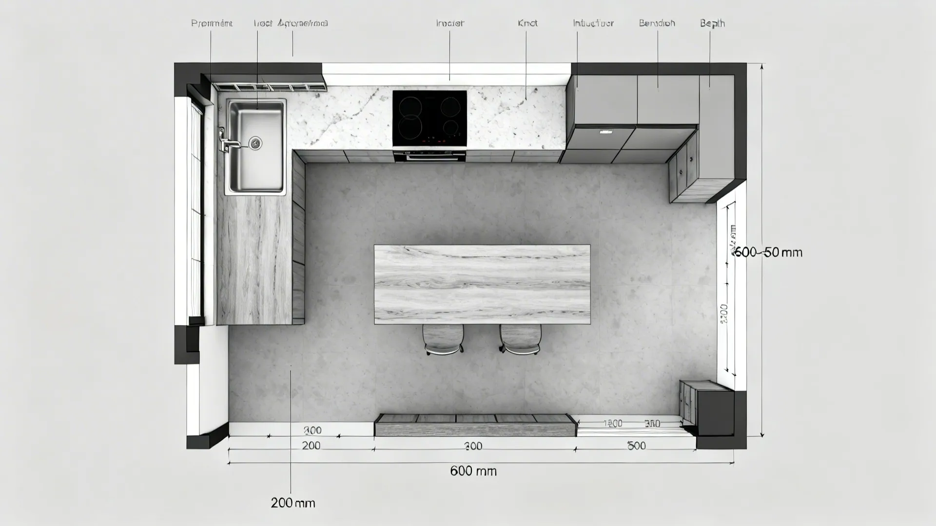 Top-down view of a compact L-shaped kitchen with peninsula seating and clearances.