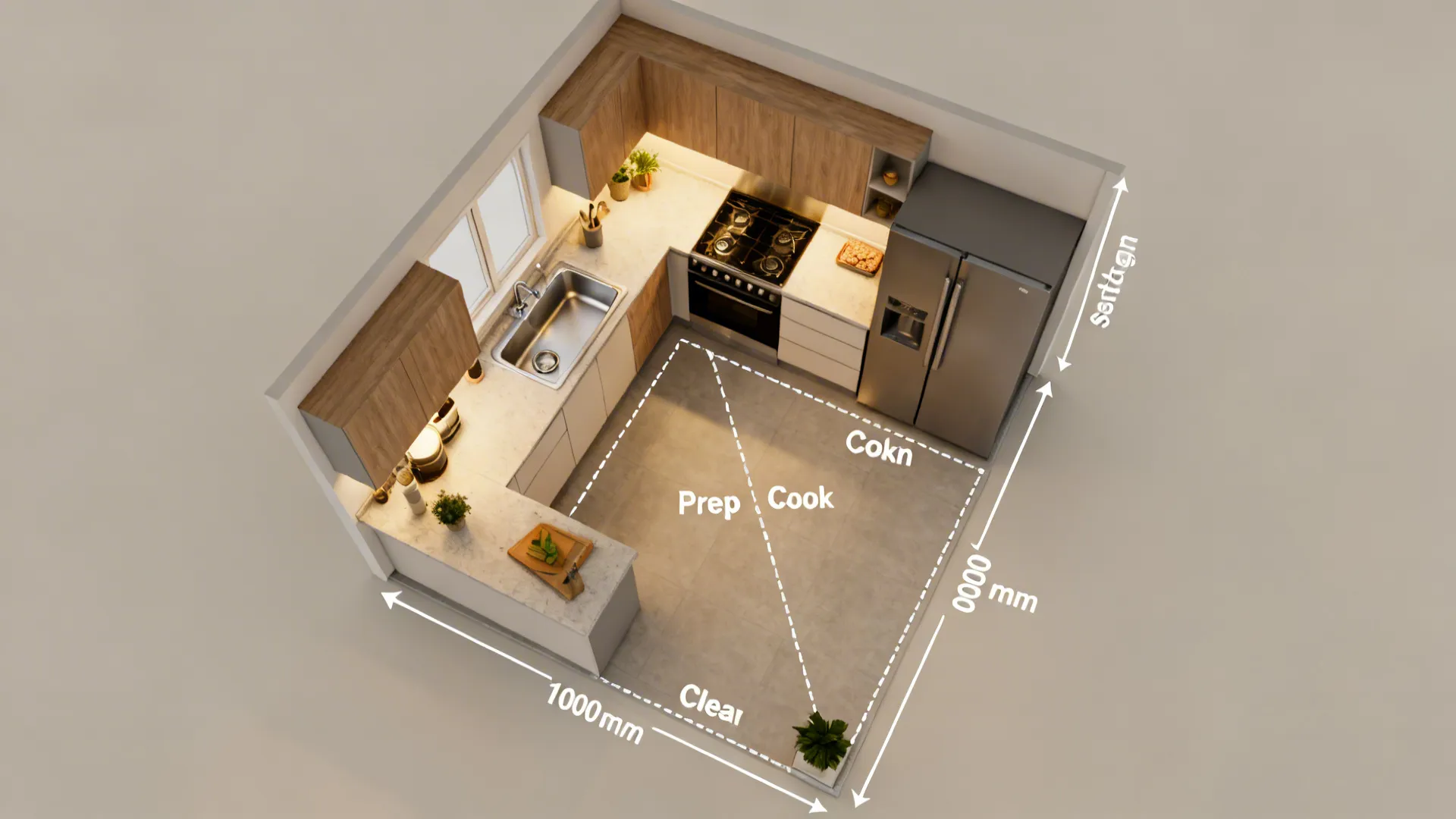 Top-down view of a compact L-shaped kitchen showing the work triangle and clear circulation.