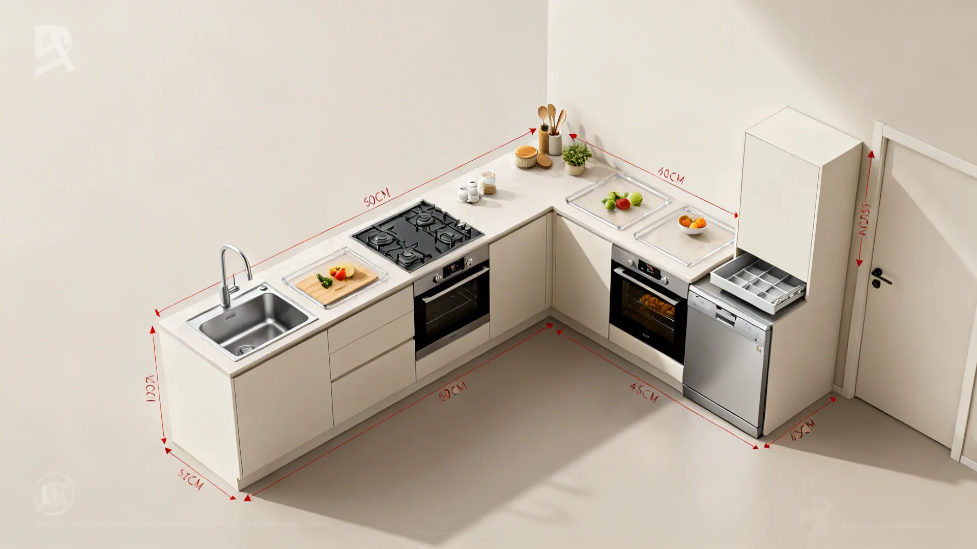 Top-down view of a compact L-shaped kitchen showing sink, hob zones, and corner storage.