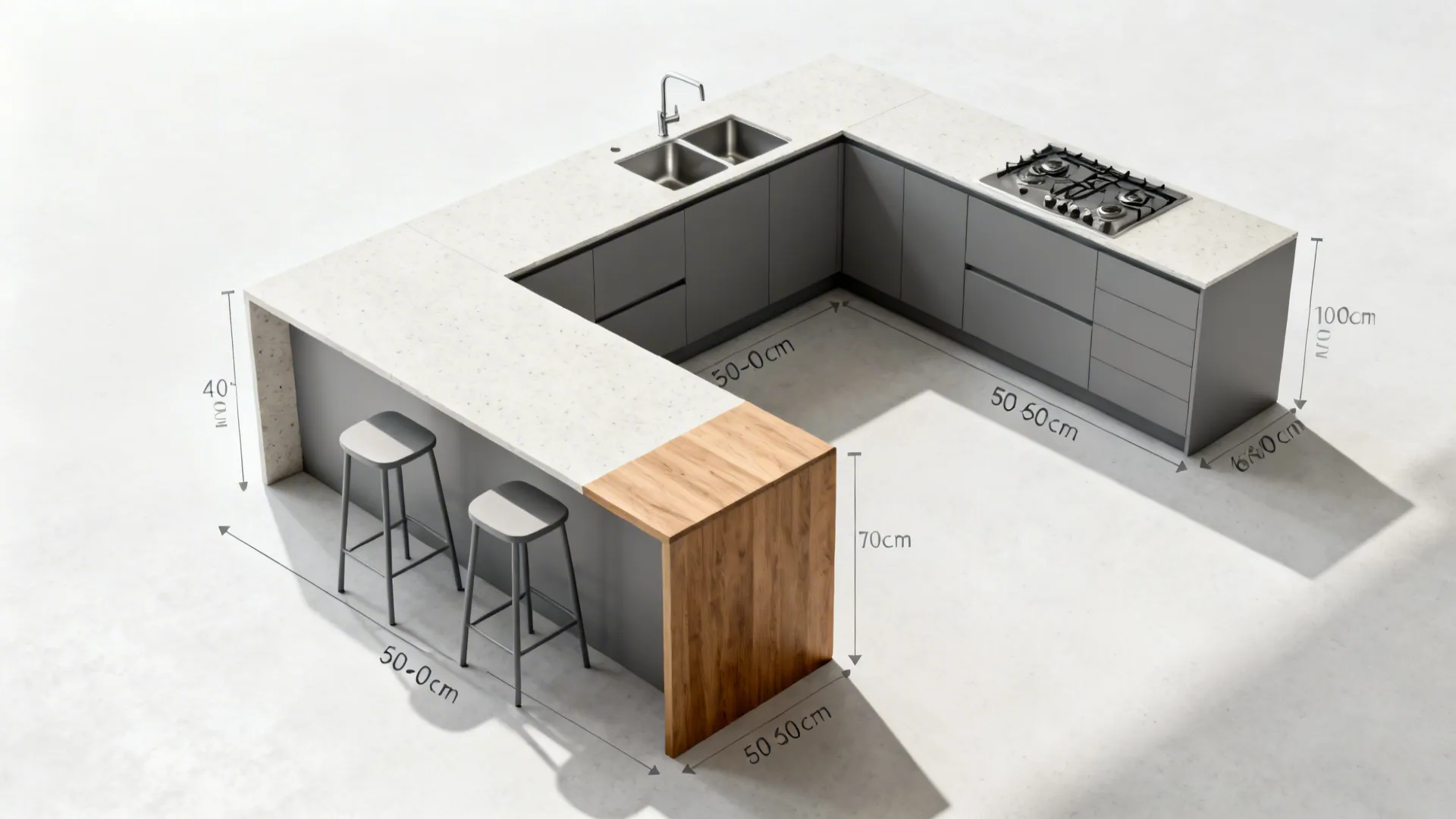 Top-down view of an L-shaped corner kitchen with a narrow island and clear 100–110 cm aisles.
