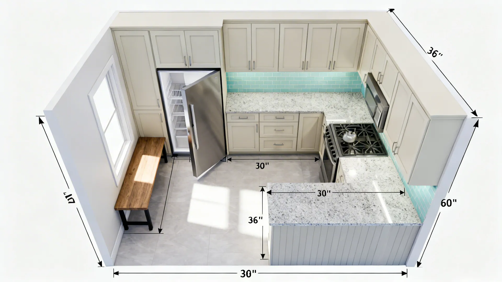 Top-down view illustrating an L-shaped kitchen with a katta and clear walkways.