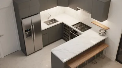 Modern Gray Kitchen with Marble Countertops & Smart Storage
