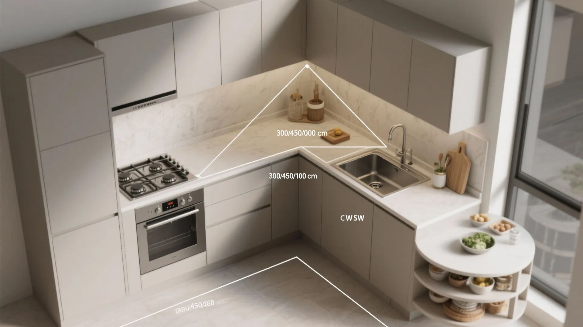 Compact L-shaped kitchen for flow
