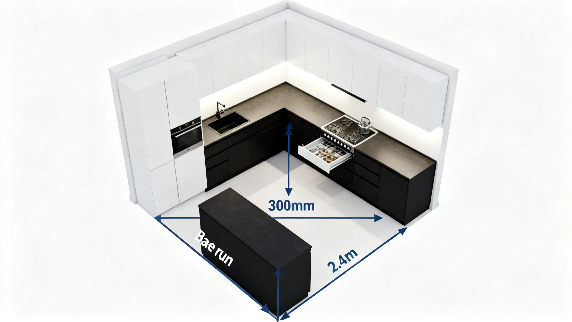 Top-down L-shaped kitchen plan showing work triangle and tall pantry location.
