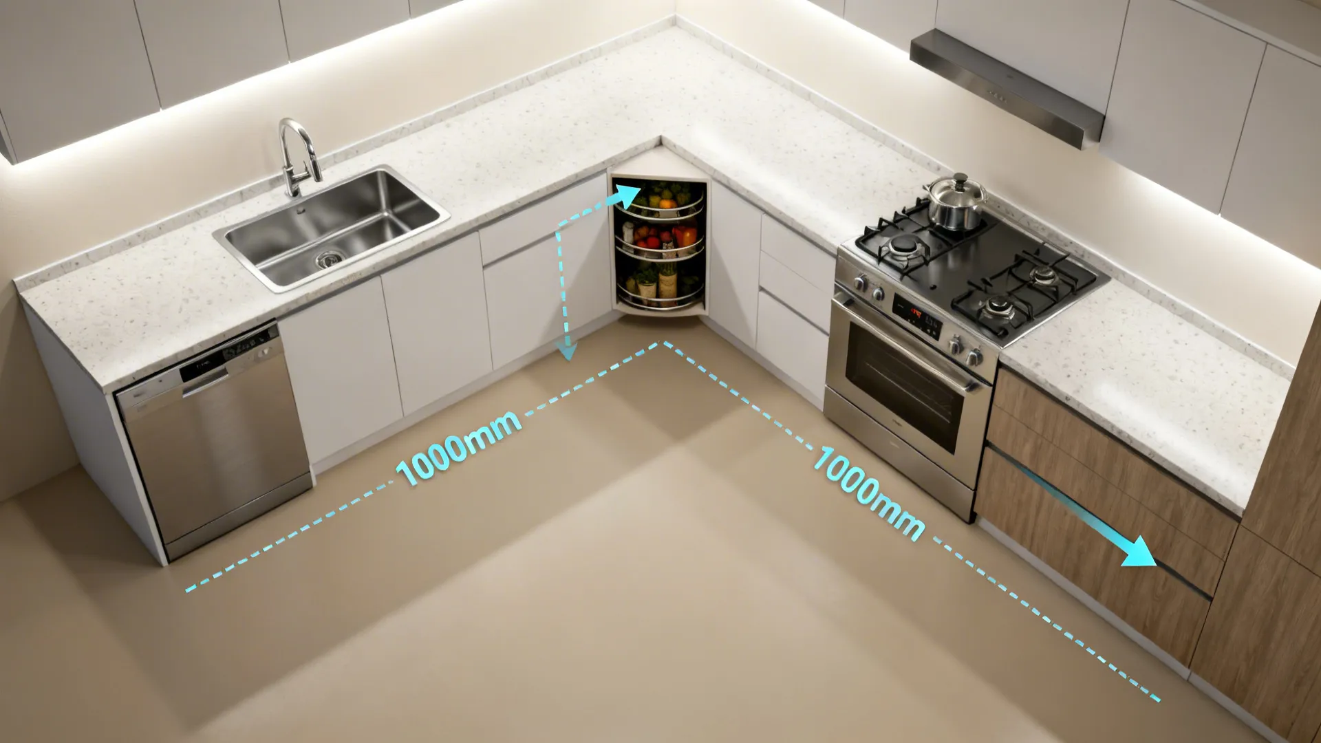 Top-down view of a compact L-shaped kitchen with clear zones and a 1000mm aisle.