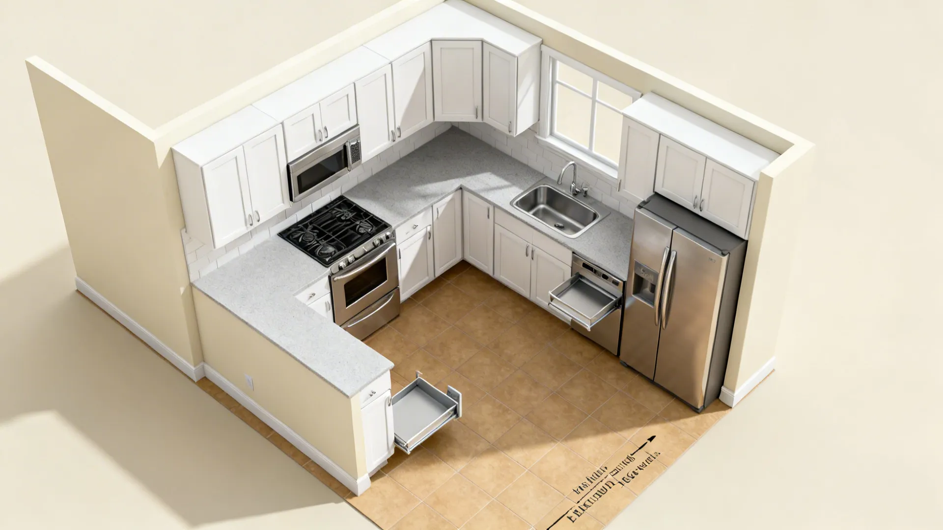 Top-down view of a compact L-shaped kitchen showing work triangle, landing zones, and corner pull-out.