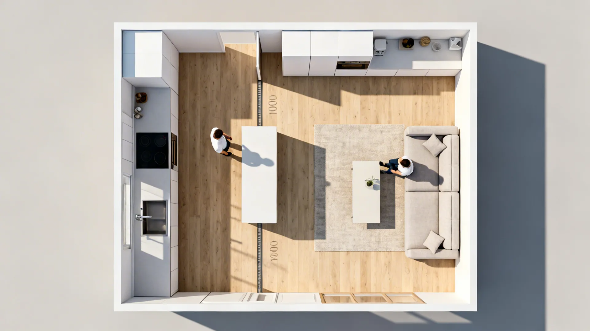 Top-down view showing L-shape layout, slim island, and clear circulation.