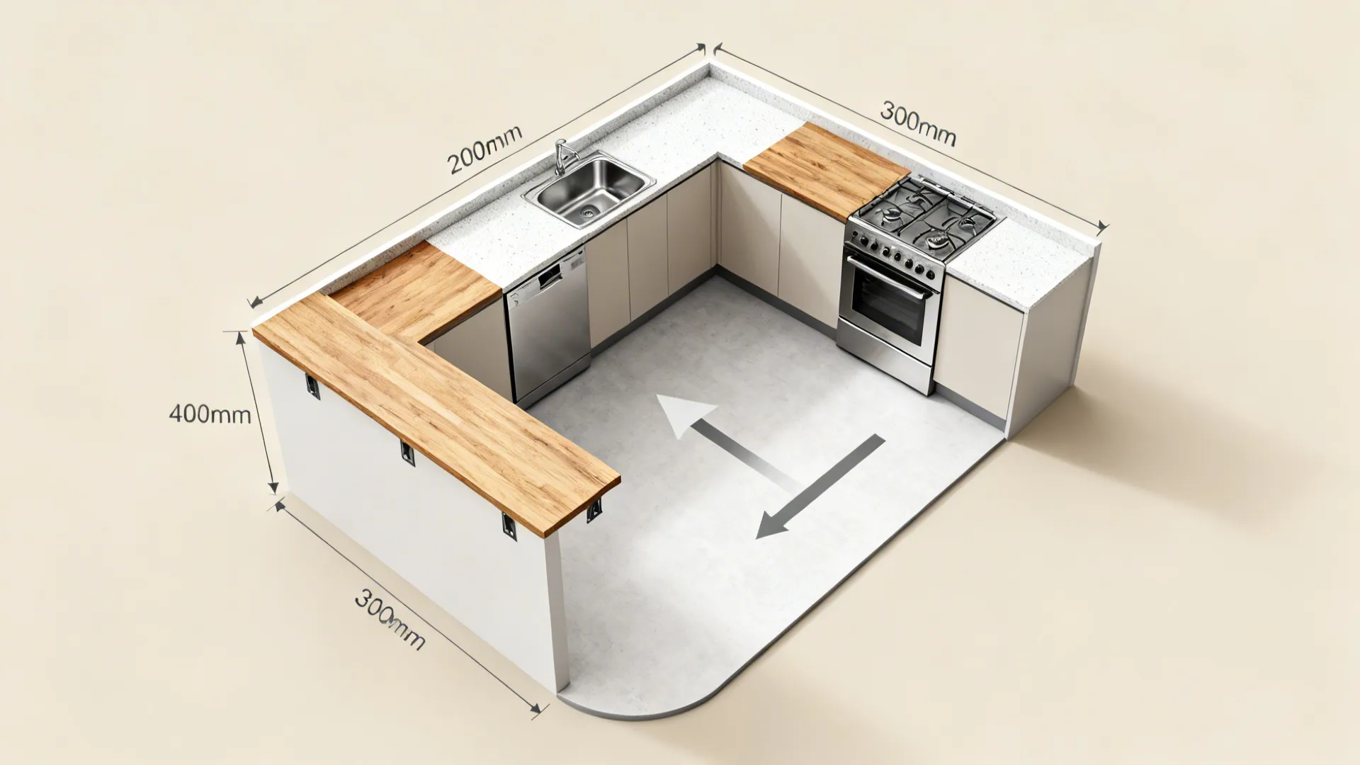 Top-down view of compact L-shaped countertop with 300 mm dining overhang and clear circulation.