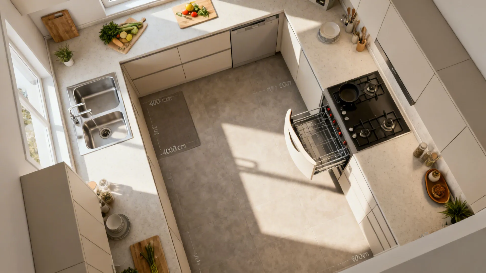 Top-down view of an L-shaped small kitchen showing zones, landing areas, and a corner pull-out.
