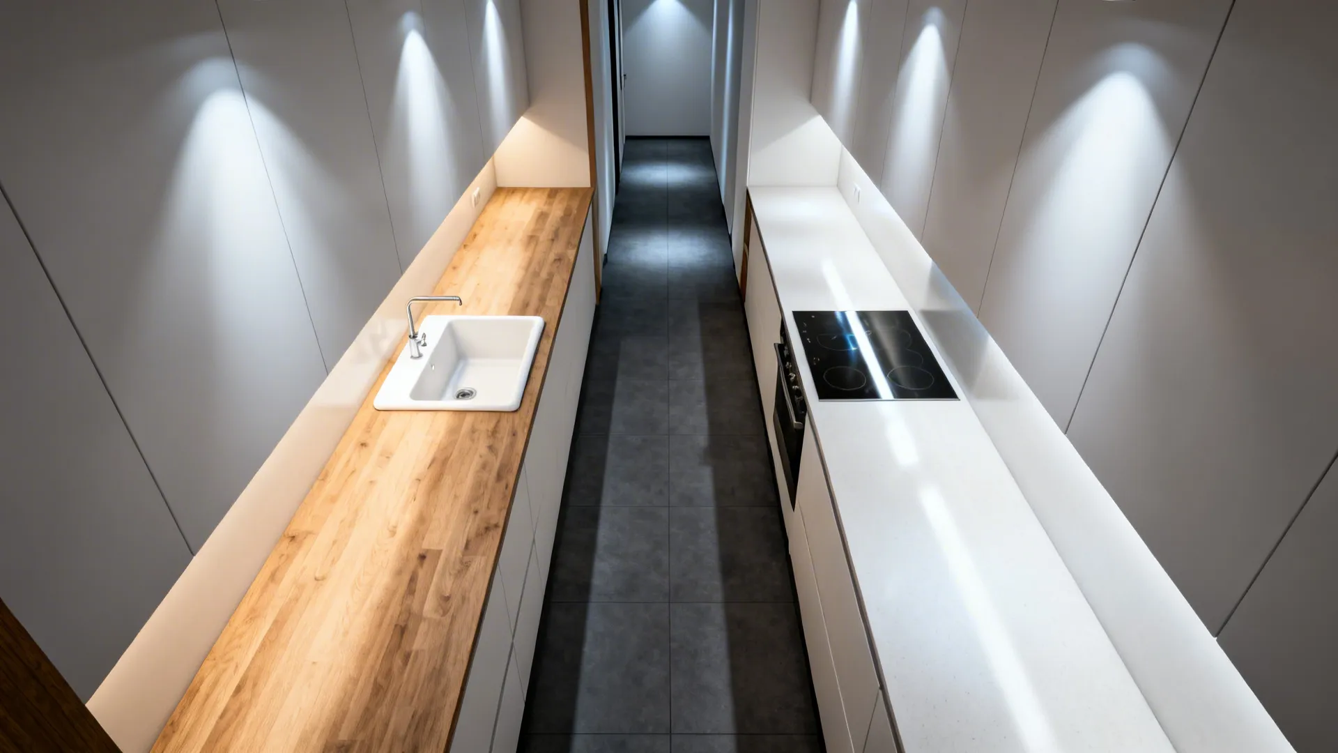 Top‑down view of an L‑shaped rear kitchen illustrating prep, wash, and cook zones.