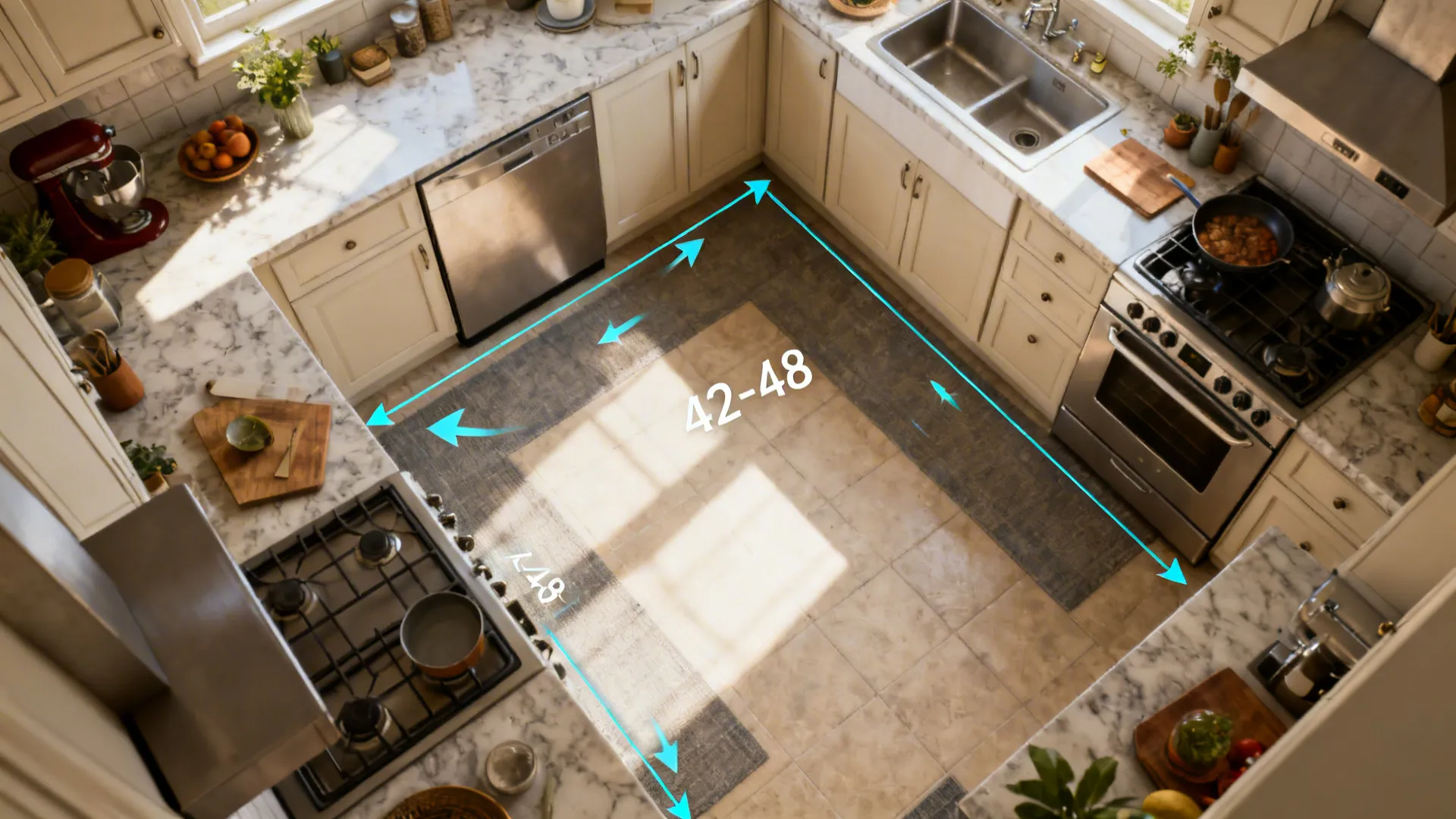 Top-down L-shaped kitchen layout showing clearances and generous landing zones in a compact plan.