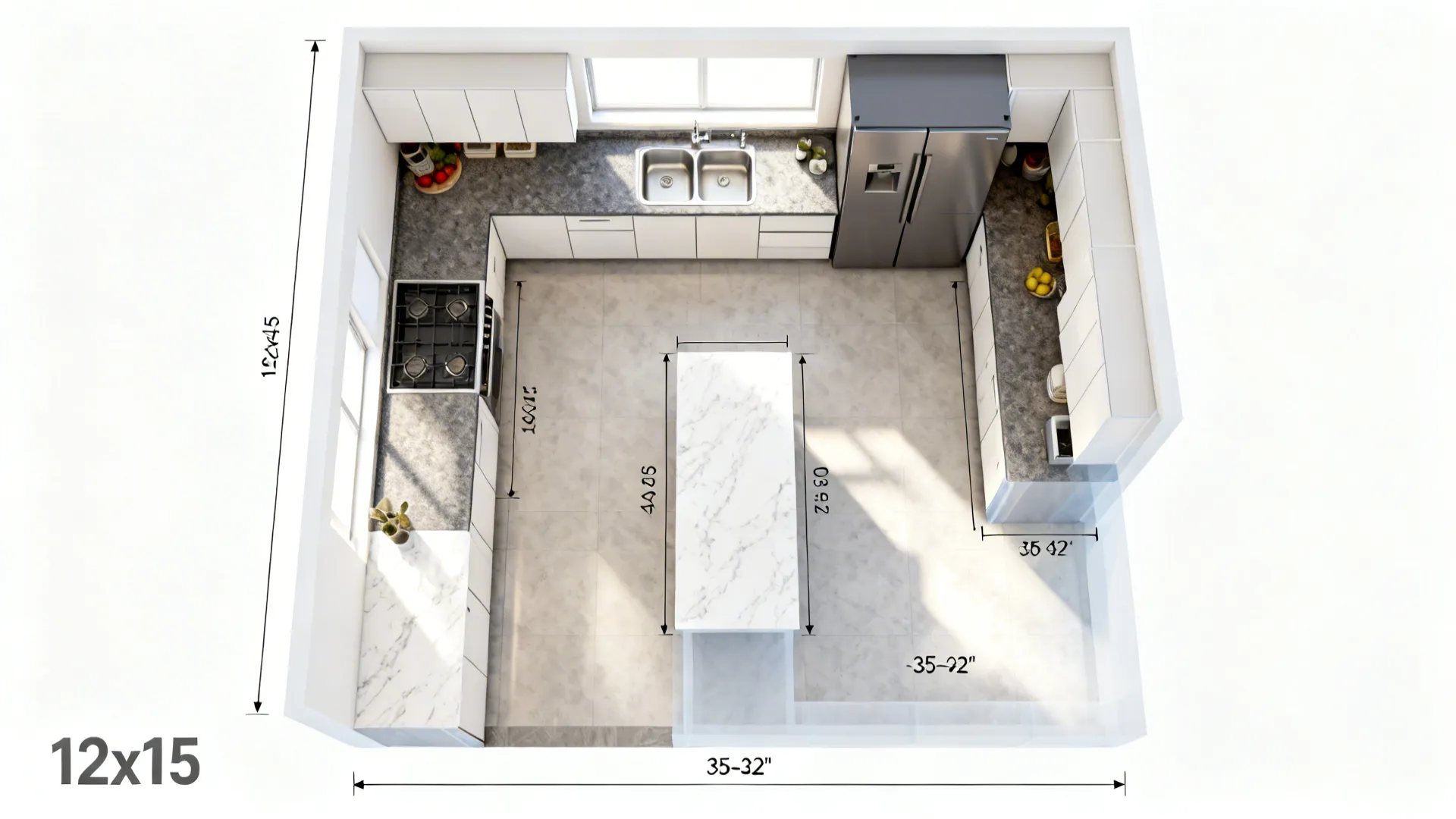 Top down 3D kitchen view with white cabinets marble island fridge and floor measurement labels
