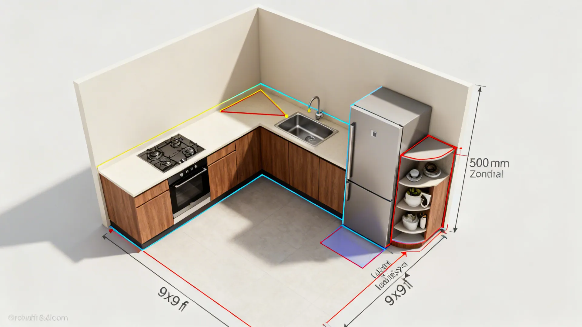 Top-down view of an L-shaped kitchen showing work zones and a pull-out pantry.