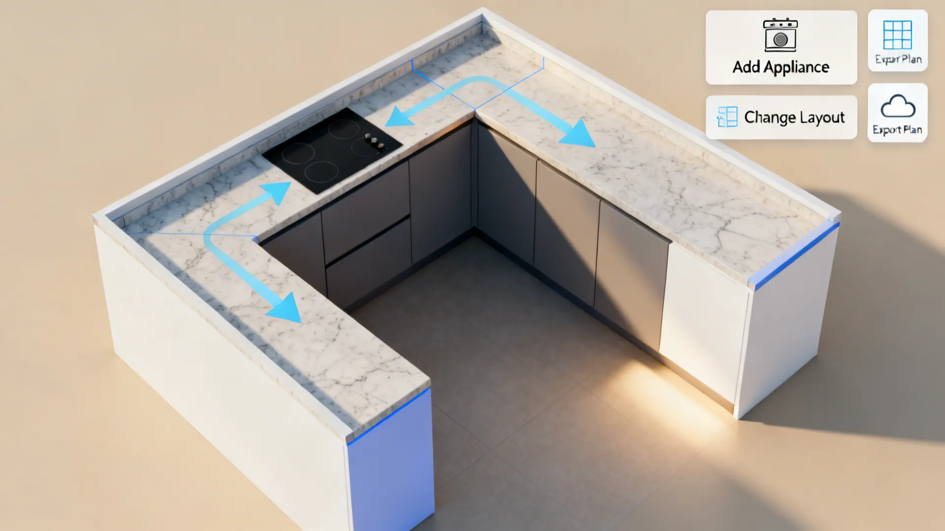 Top-down L-shaped small-kitchen plan with a highlighted corner unit and clean UI cues.