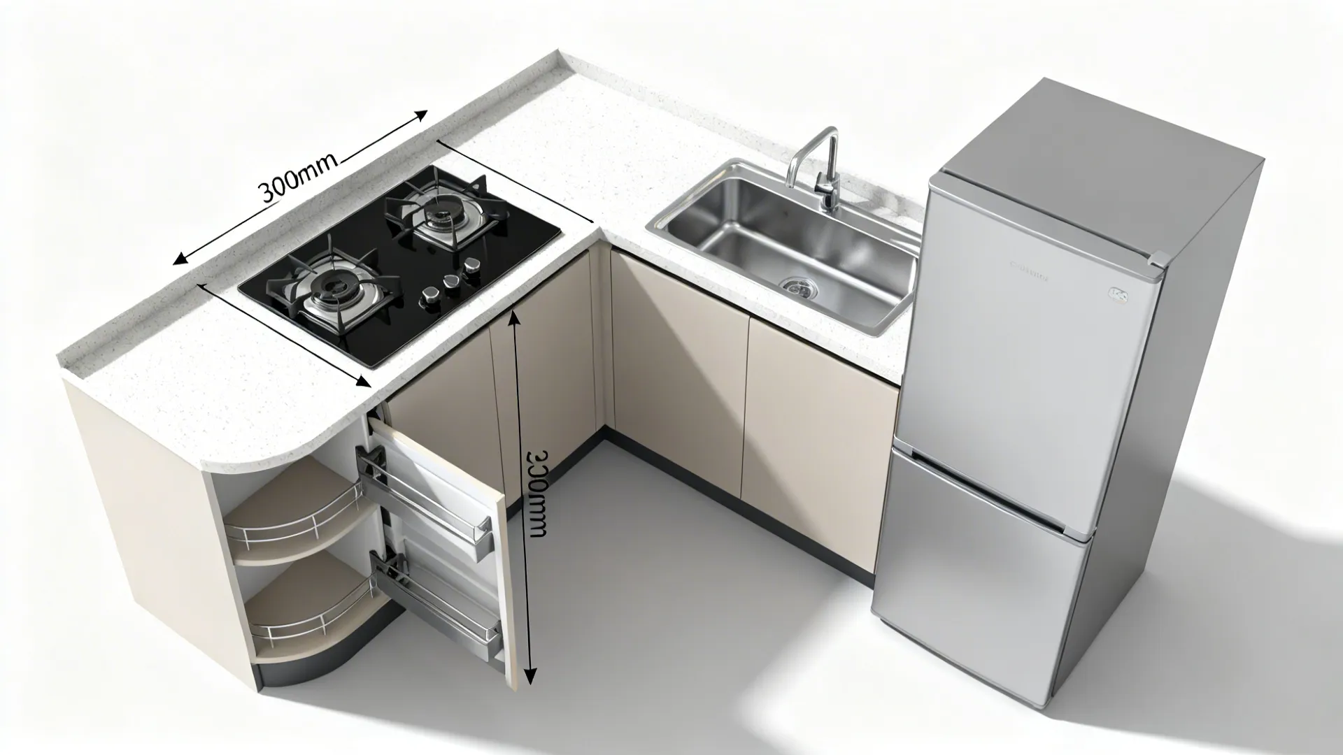 Top-down view of an L-shaped kitchen showing a compact work triangle and corner storage.