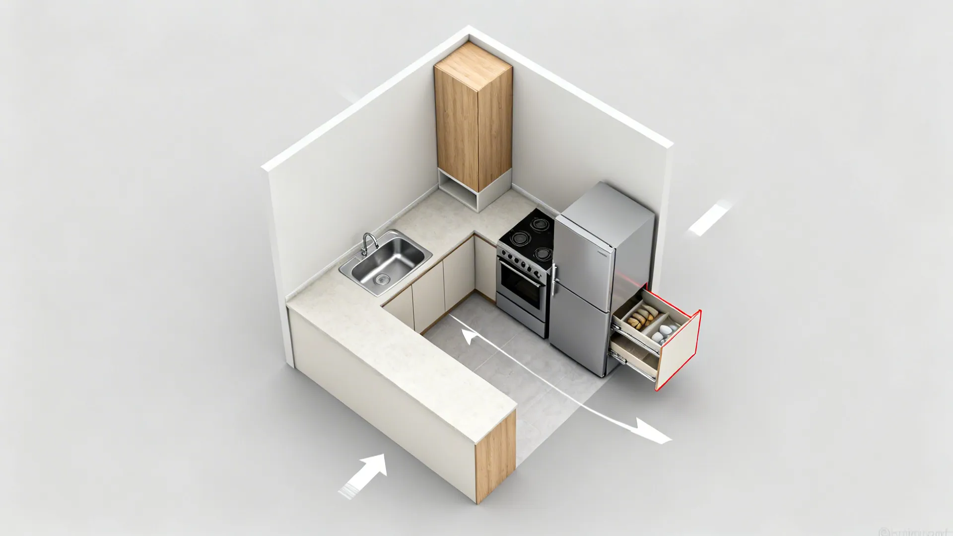 Top-down view of an L-shaped small kitchen with compact work triangle and tall pantry.