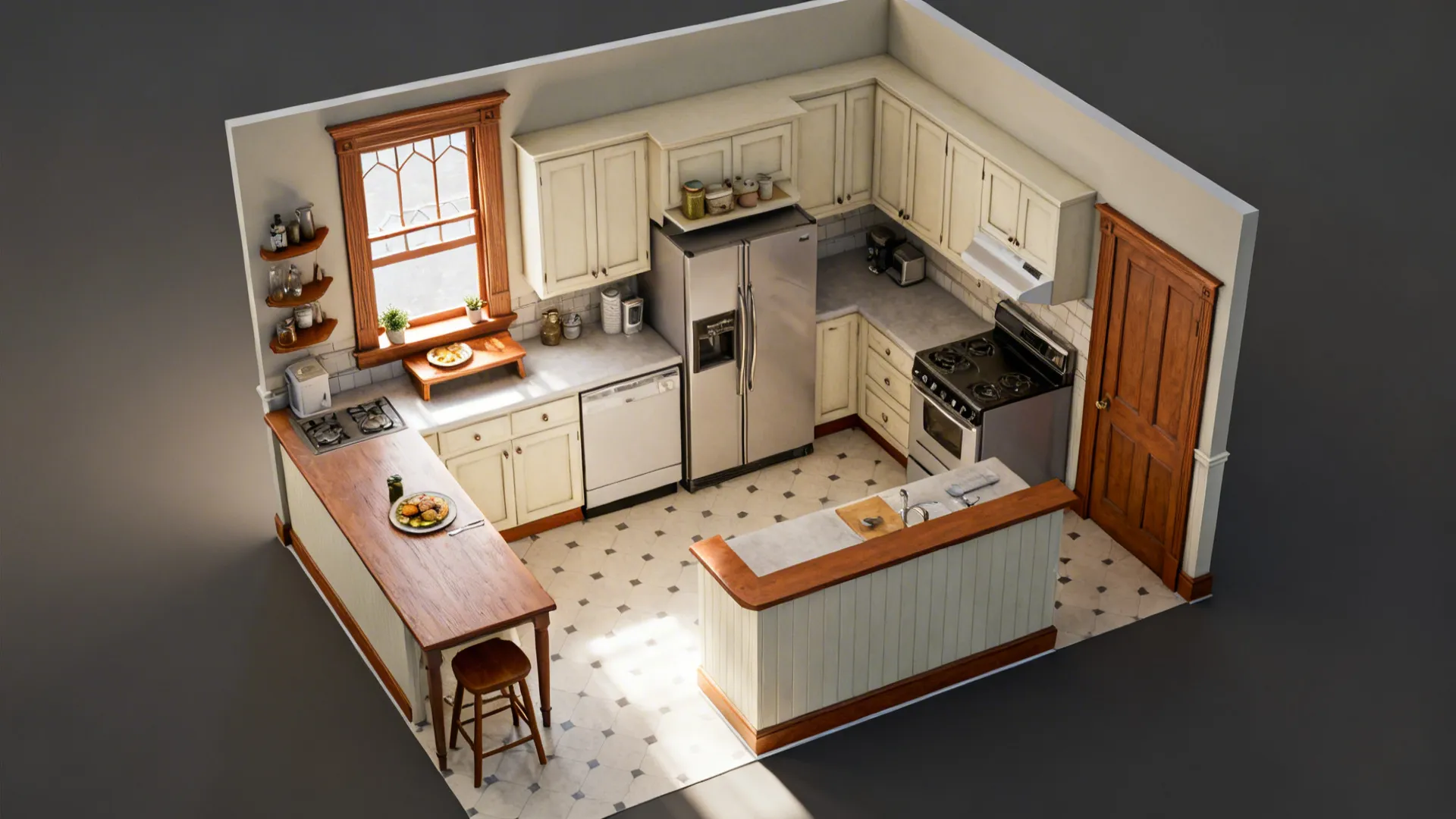 Top-down view of a compact L-shaped kitchen with clear work zones and a breakfast perch by the window.