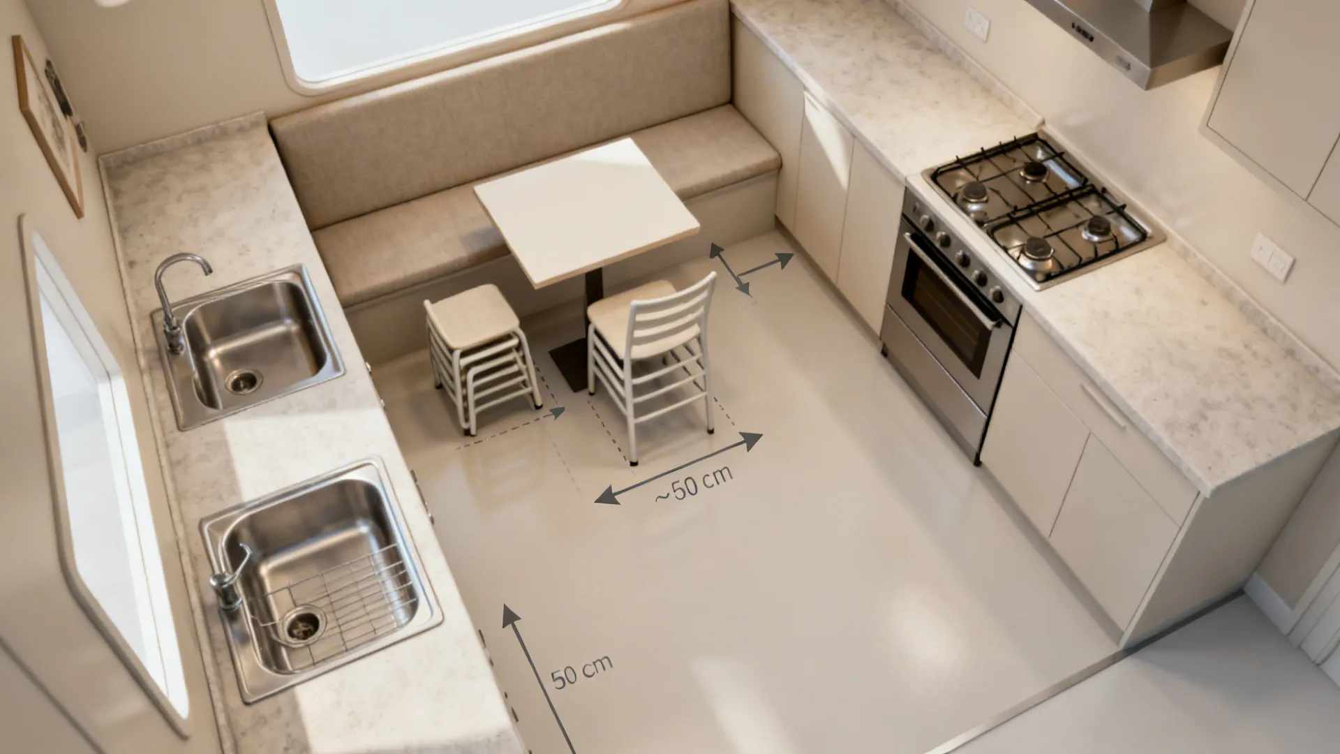 Compact L-shaped layout with flexible seating