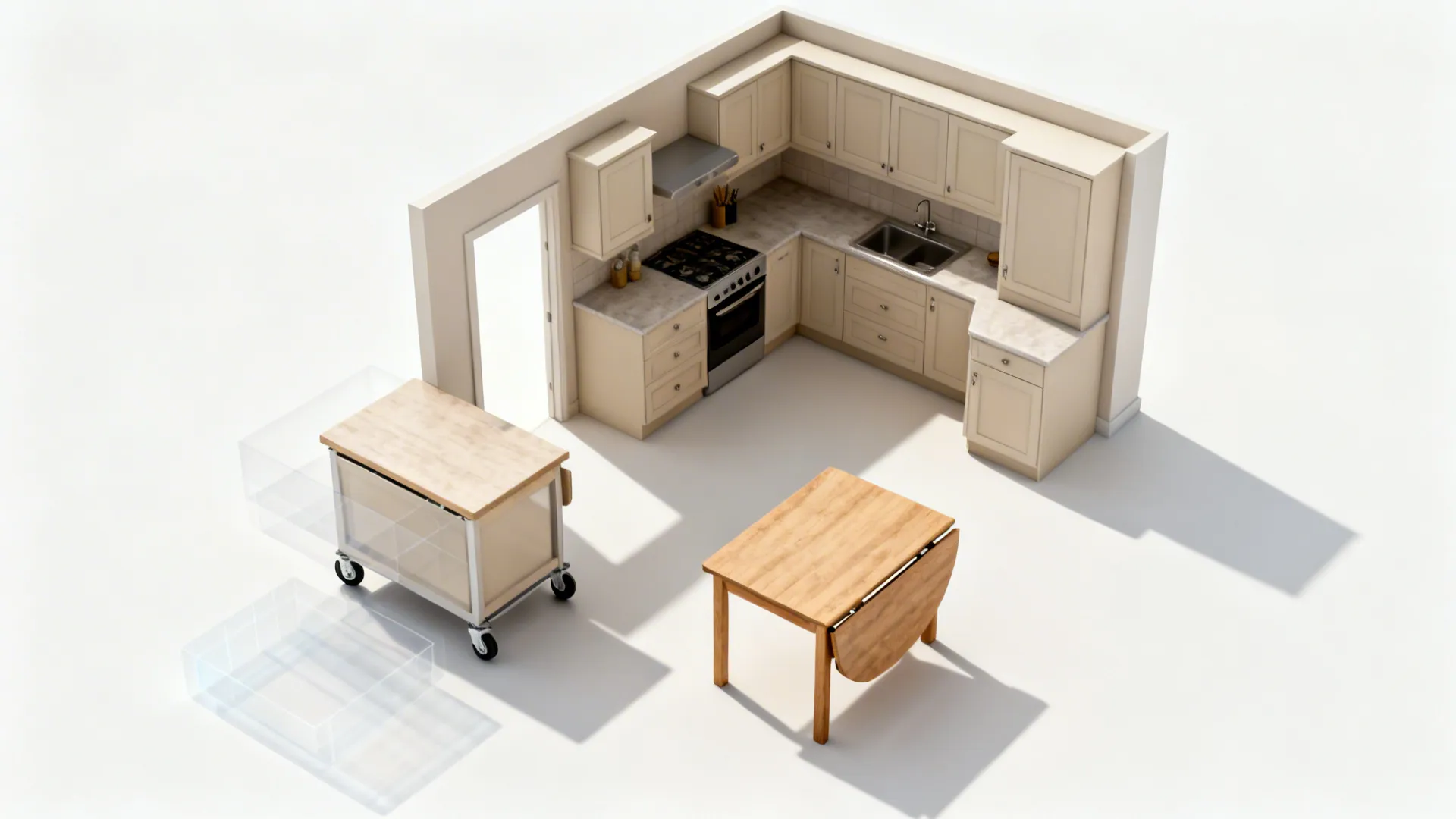 Top-down view of an L-shaped kitchen with movable rolling island positions.
