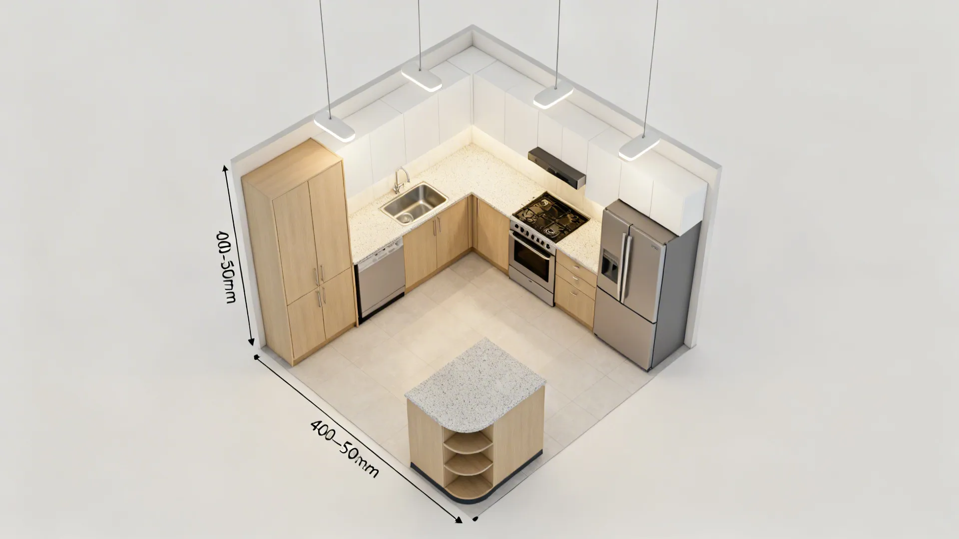 Top-down view of an L-shaped compact kitchen plan with pantry and clear circulation.