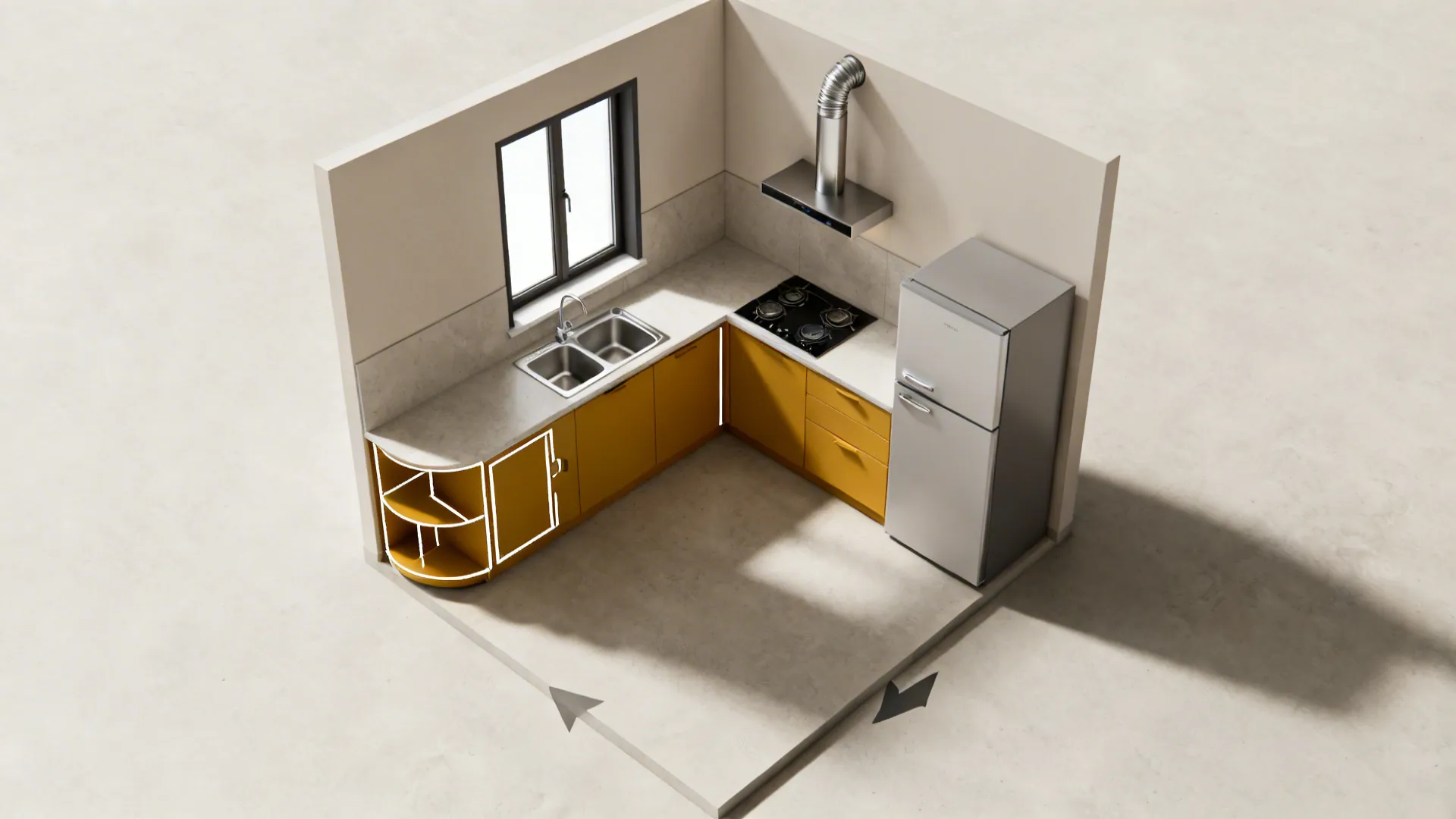 Top-down view of a compact L-shaped kitchen showing a tight work triangle.