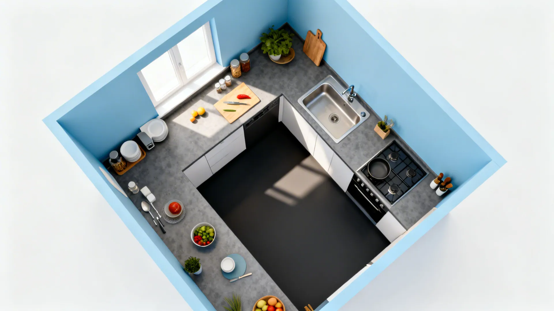 5) Graphite Grey Counters with Soft Blue Walls