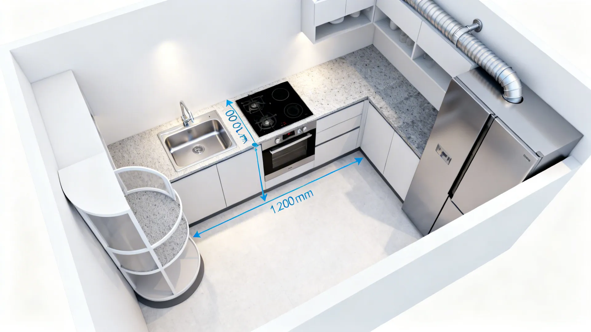 Top-down view of an L-shaped kitchen showing the work triangle and a 900–1,200 mm prep zone.