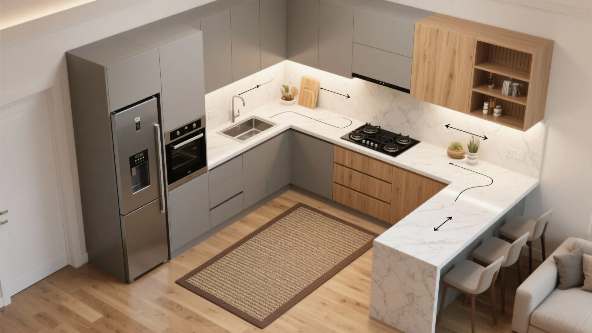 L-shaped kitchen and open-plan living