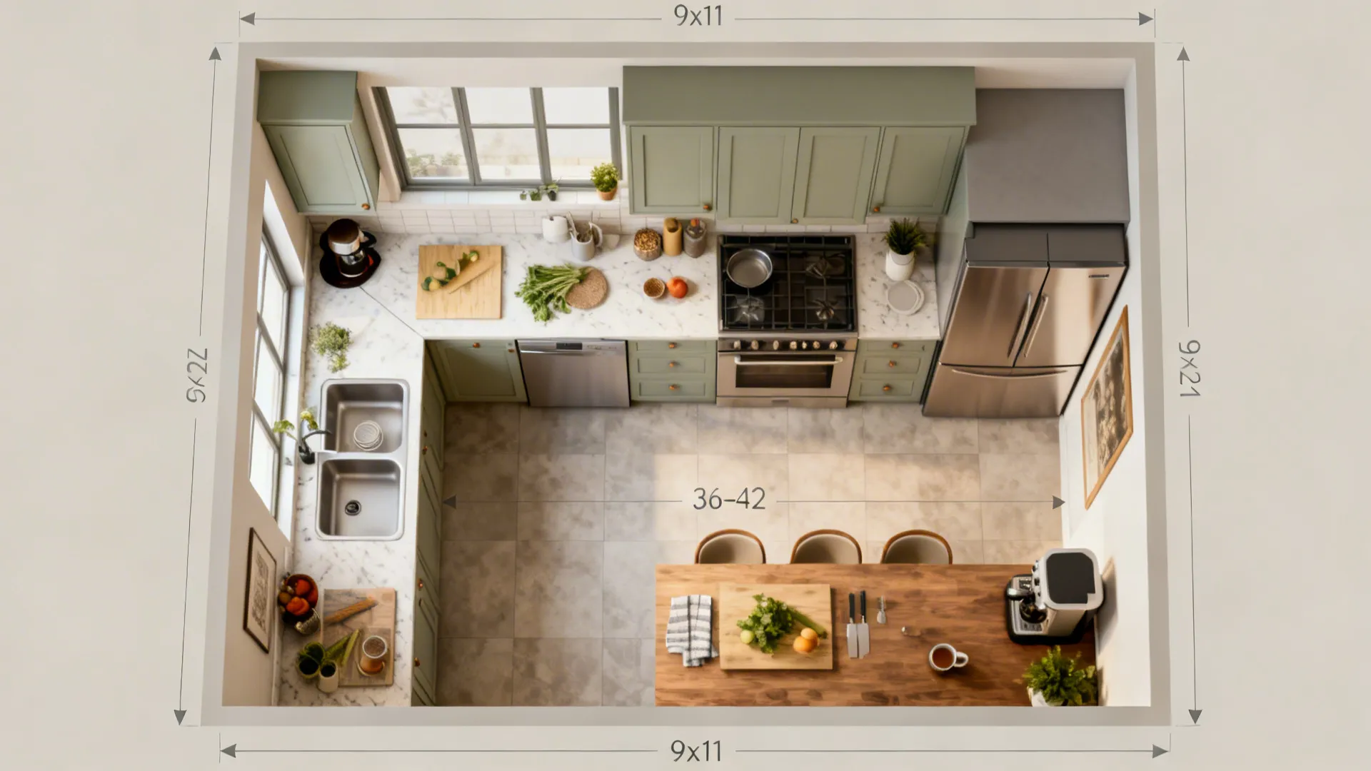 Top down view of L-shaped kitchen layout with green cabinets and a wooden island table