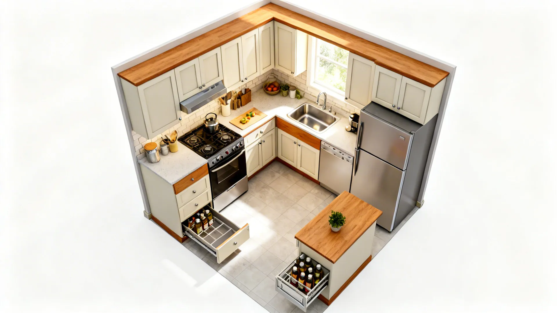 Top-down view of a 7x10 ft L-shaped kitchen showing prep, cook, and clean zones with compact appliances.