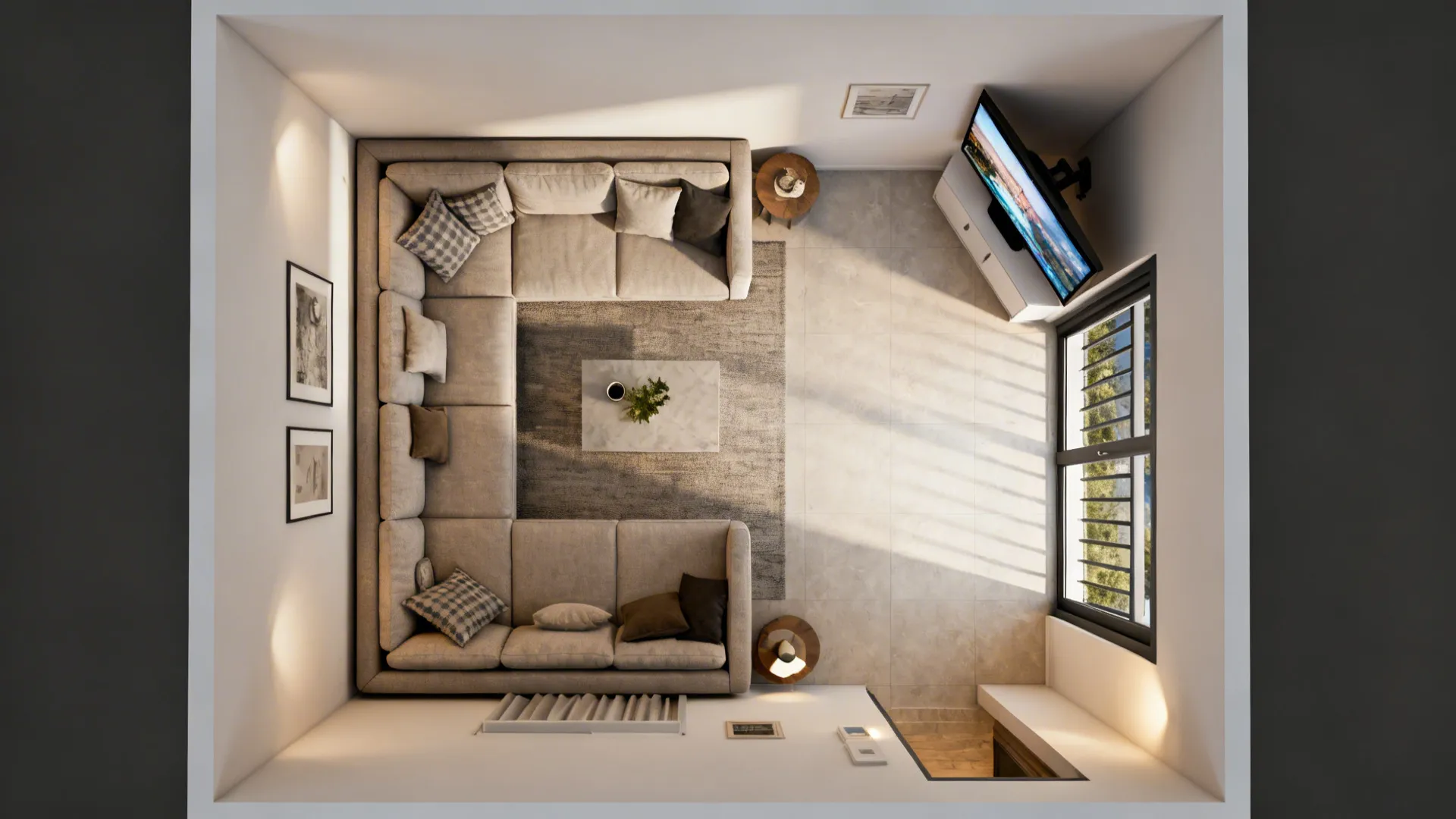Top down interior design drawing of living room layout with large sofa rug coffee table television