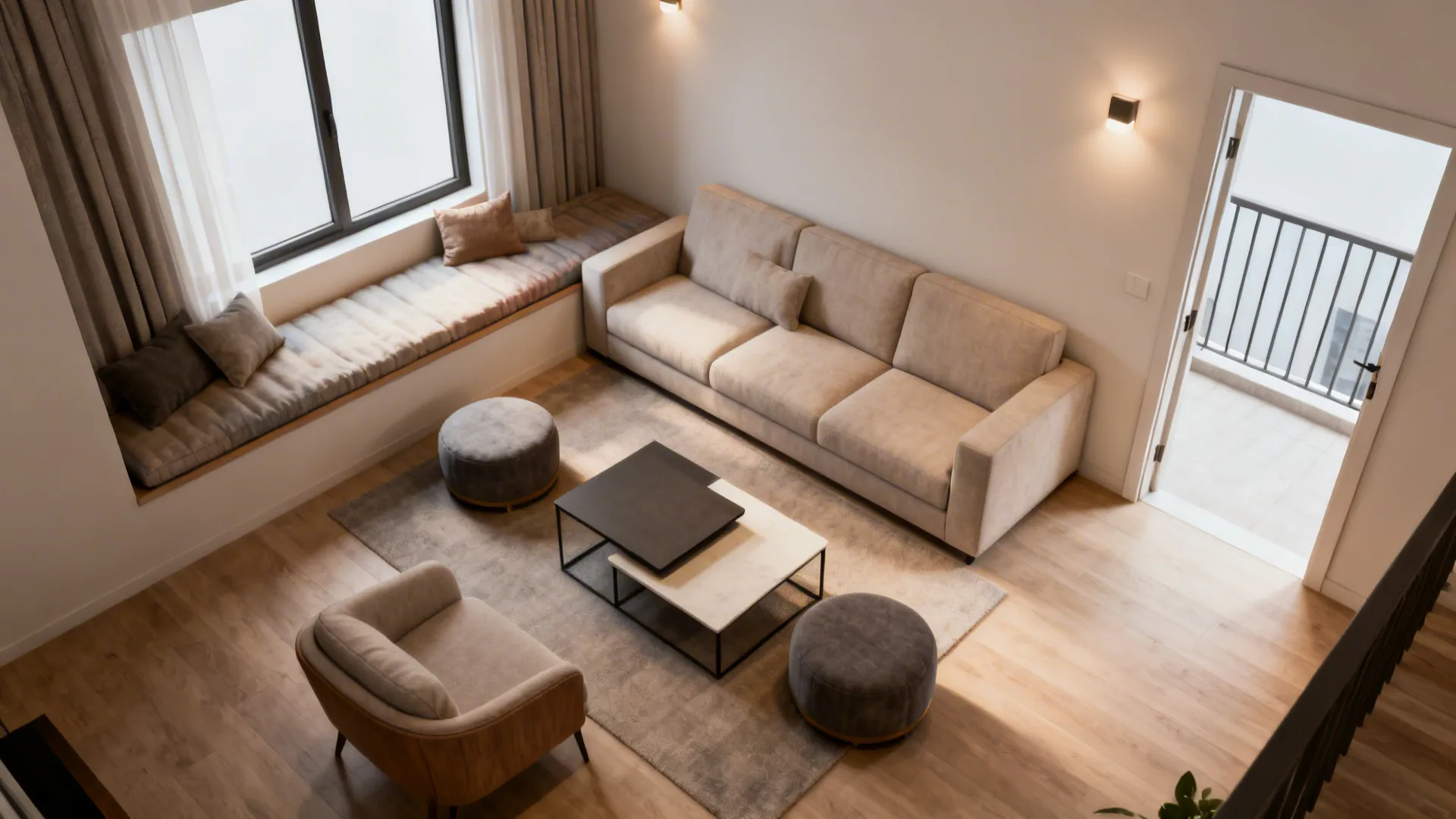 Top-down plan of L-shaped seating with diwan, poufs, and nesting tables