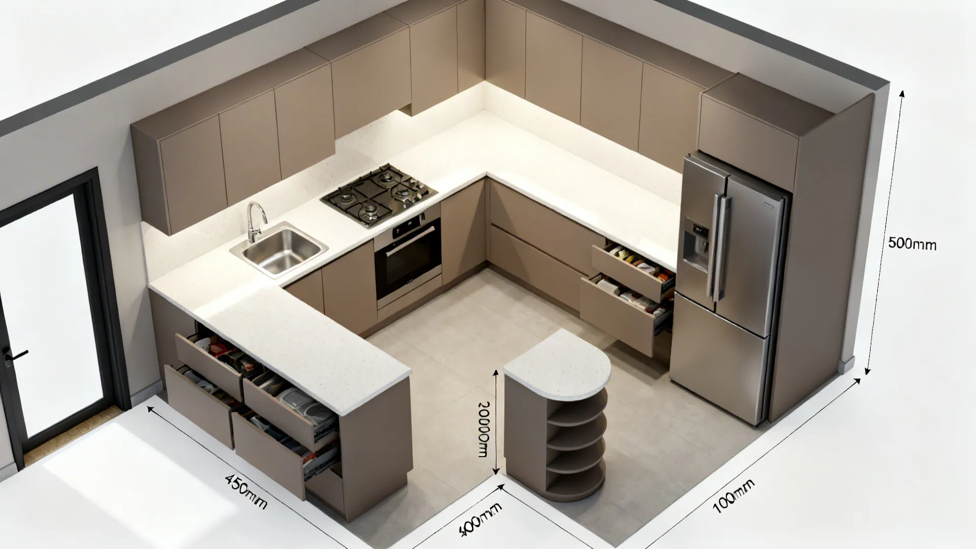 3D interior design drawing of brown U-shaped kitchen with white countertops and marked floor dimensions
