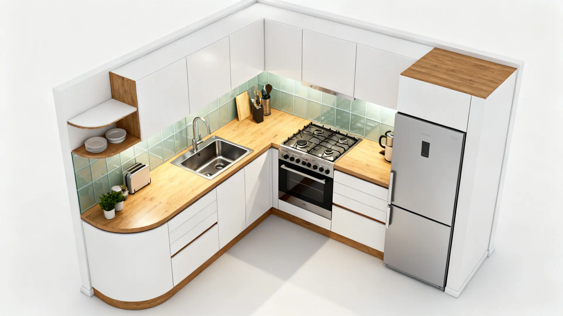 Top-down view of an L-shaped HDB kitchen with a clear work triangle.