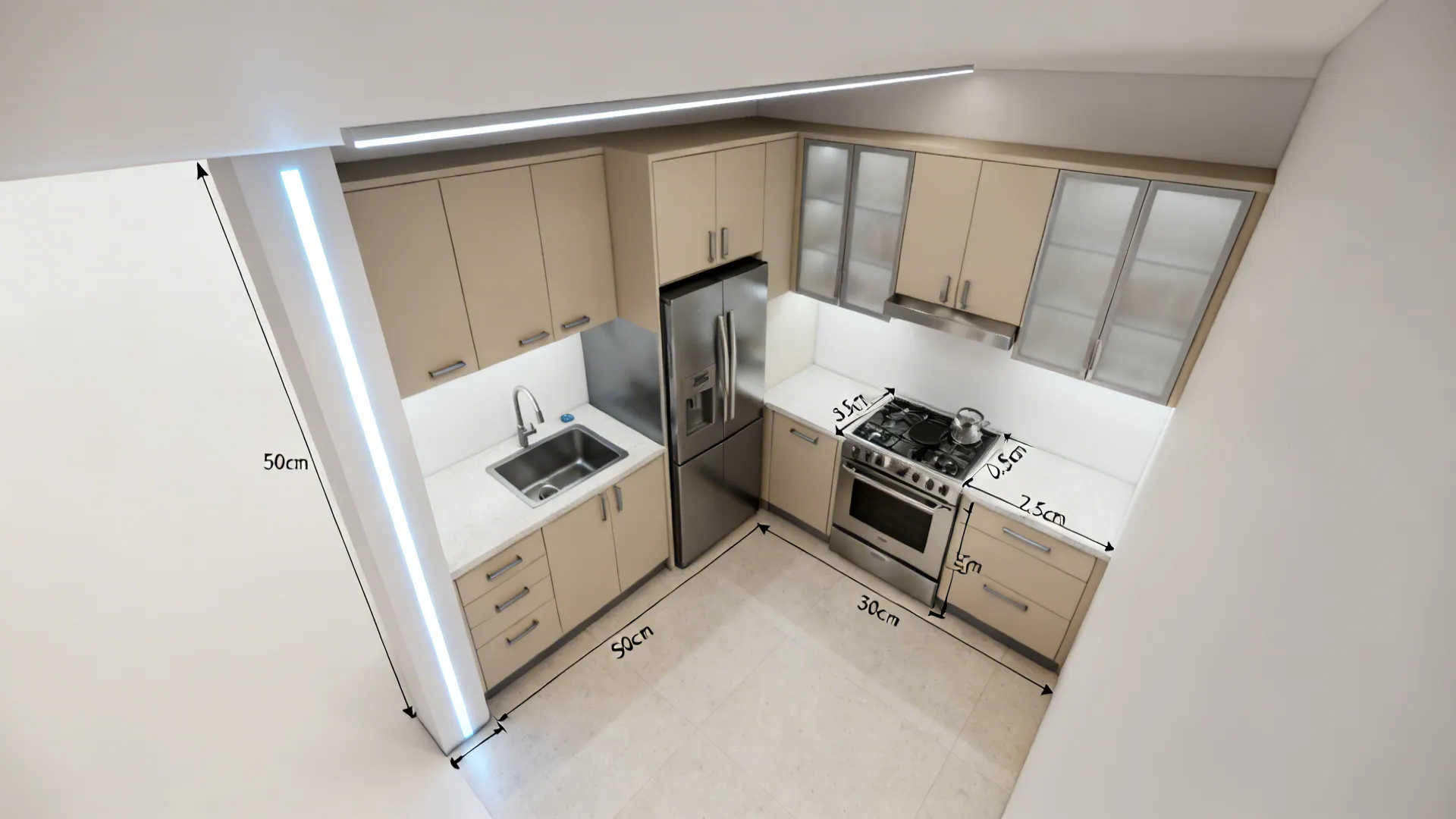 Top-down L-shaped micro-kitchen plan highlighting work triangle and corner LED.