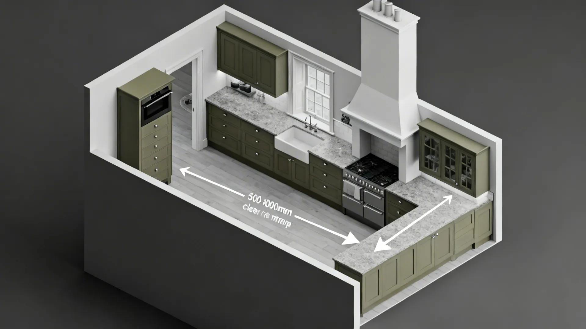 Top-down diagram of an L-shaped Victorian kitchen with a shallow pantry and clear aisle.