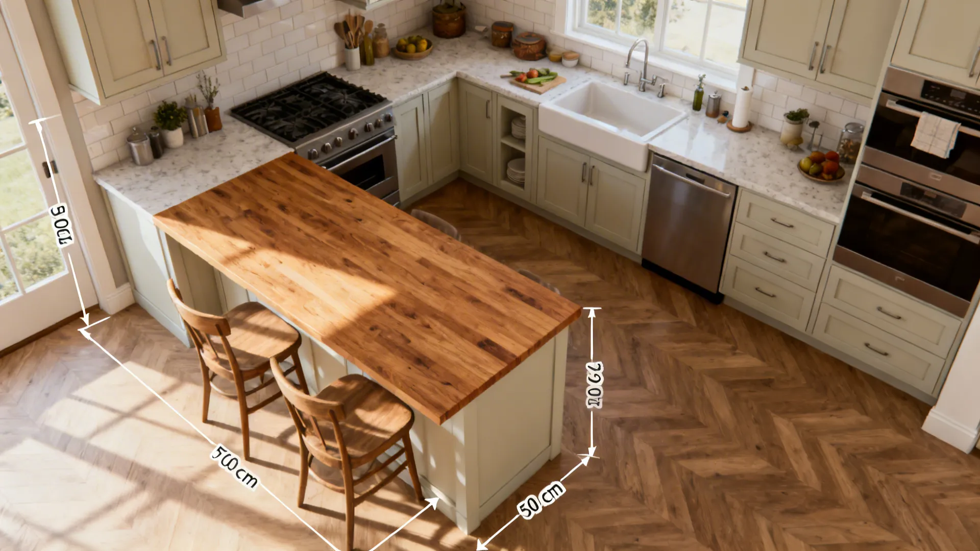 Top view of kitchen layout with green cabinets wooden island two stools and white dimensions