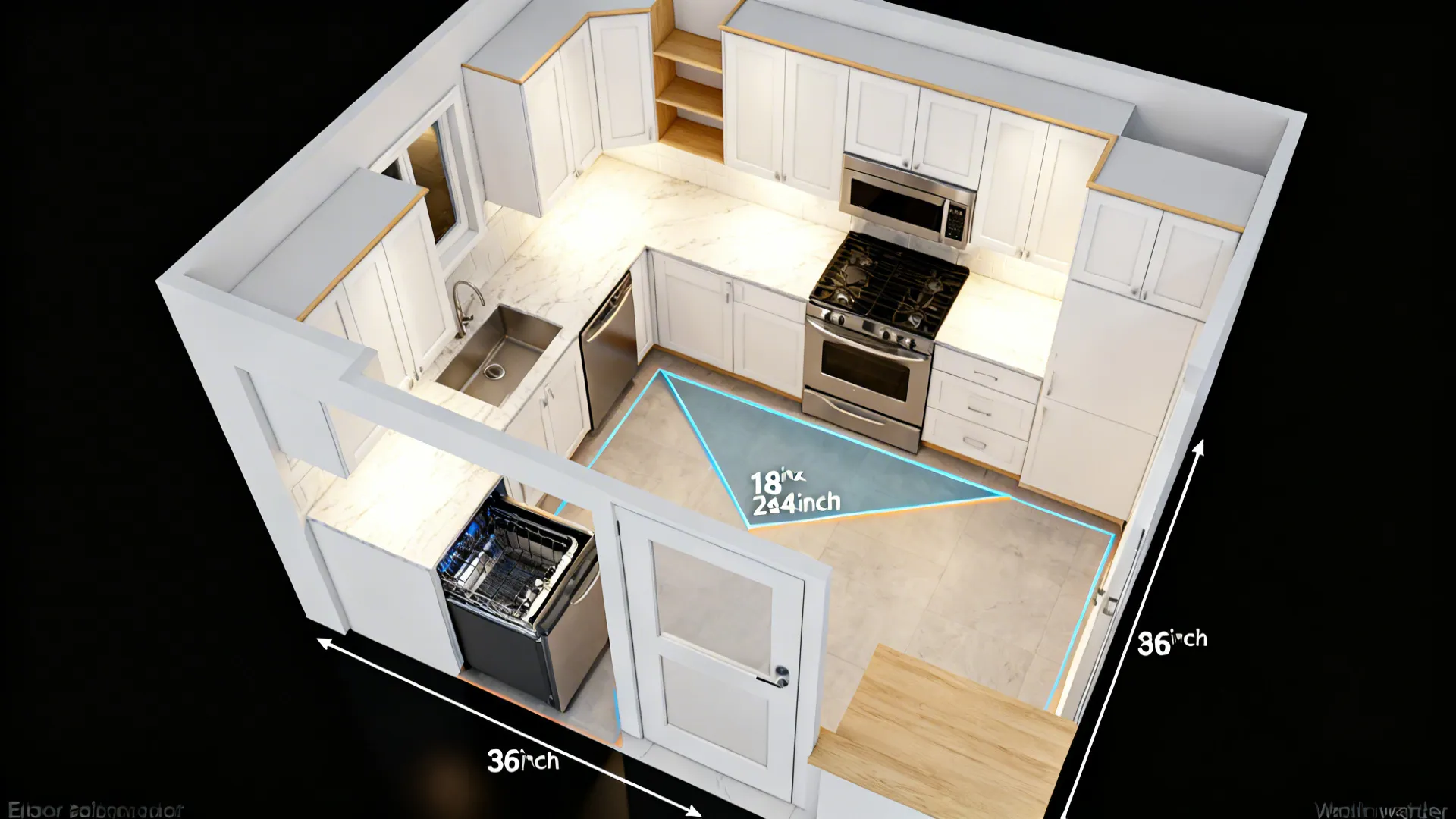 Top-down L-shaped kitchen plan showing clearances, door swings, and dishwasher options.