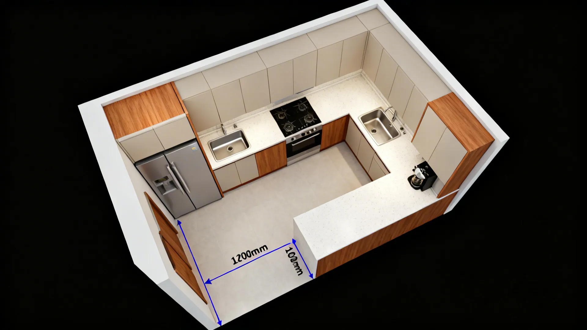Top-down view of a compact L-shaped kitchen with clear workflow and ample prep space.