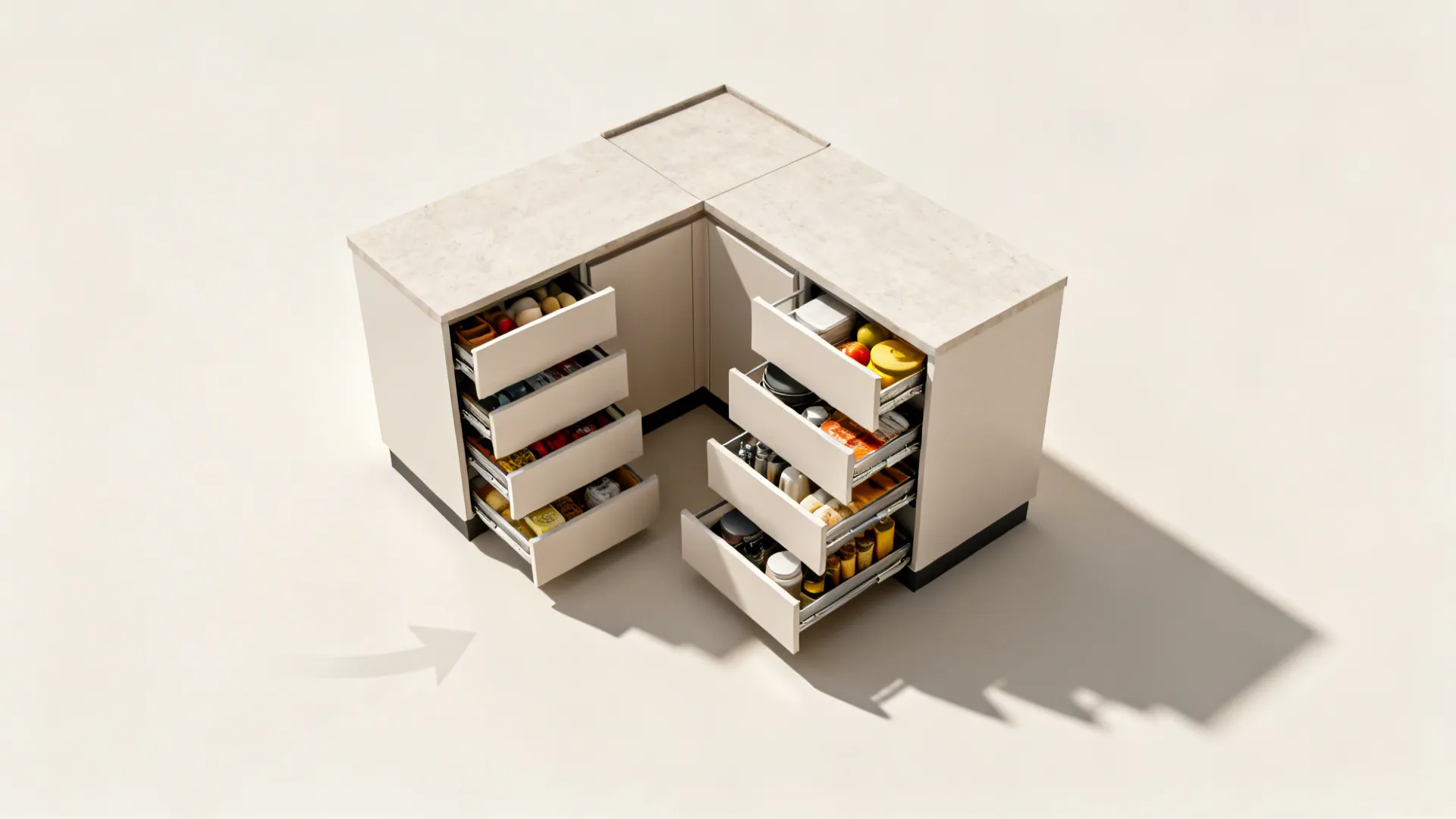 Top-down view of an L-shaped kitchen highlighting deep drawer placement and counter runs.