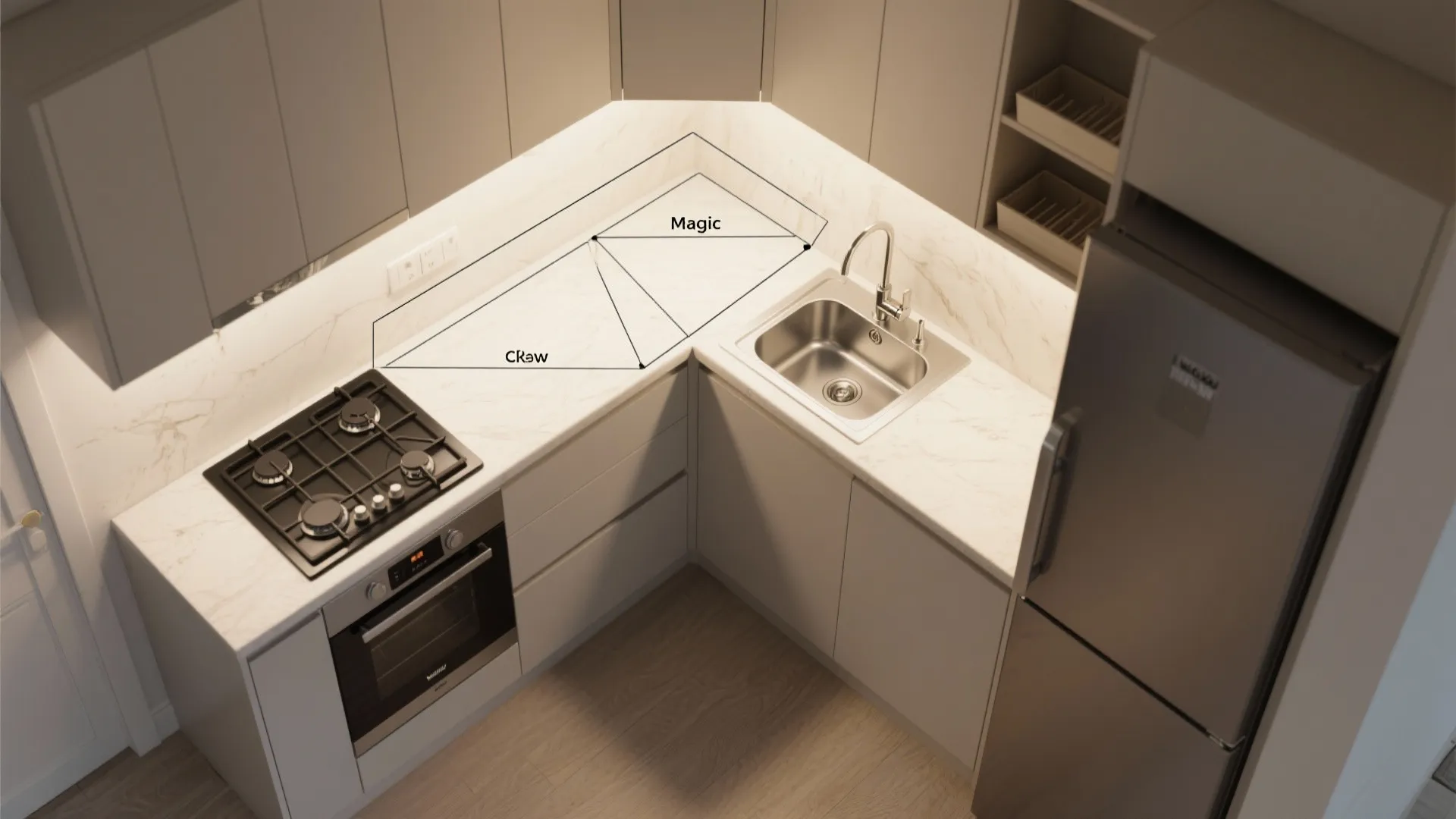 Modern L-shaped kitchen corner with gas stove sink fridge and labeled work triangle for design