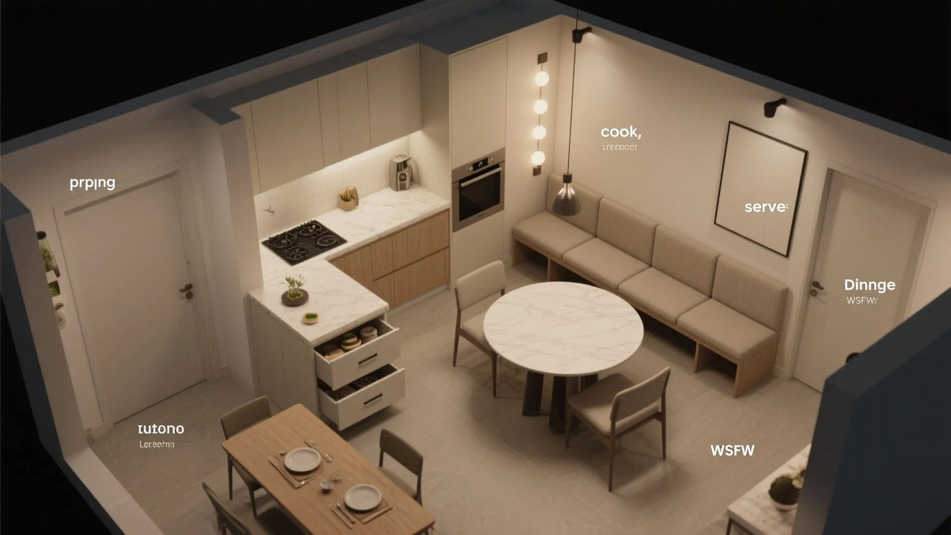 Compact L-Shaped Kitchen with Cozy Banquette Dining